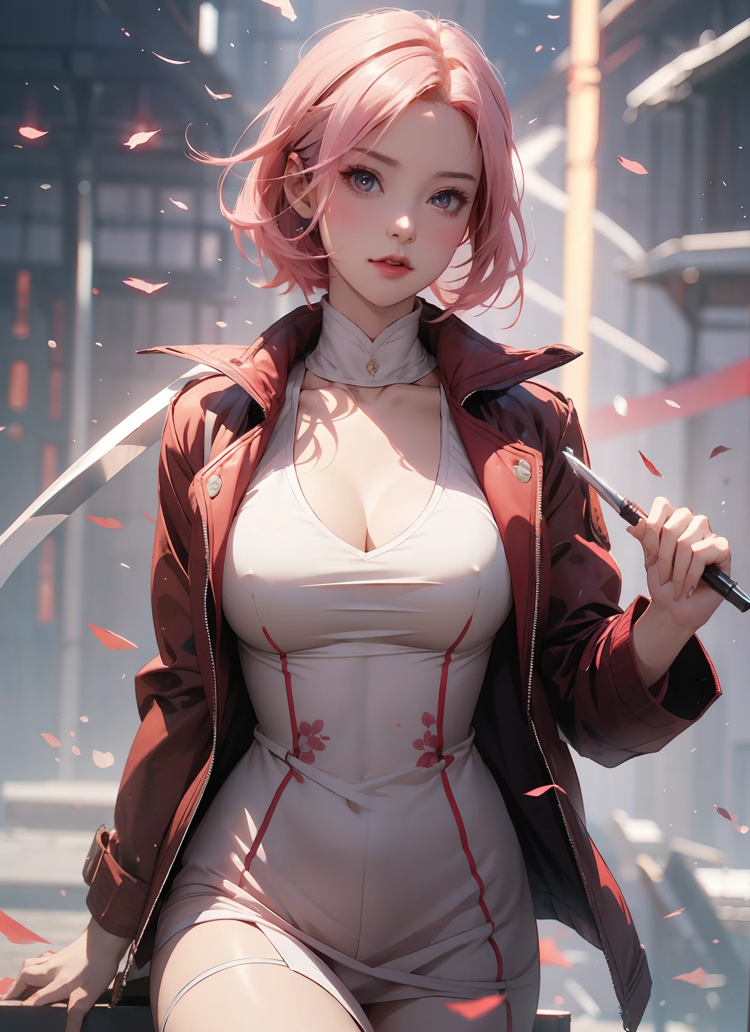 Sakura Haruno, Seductive, ((forehead to show)), Attractive, Sexy eyes, Red coat, Pink hair, Delicate, 年轻, Short hair, Detailed face, High Definition, Full body, from league of legends, Trending in art stations, by RHADS, Andreas Rocha, rossdraws, By Shinkai Makoto, Laurie Greasley, Royce of Barre, Ilya Kuvshinov and Greg Rutkowski