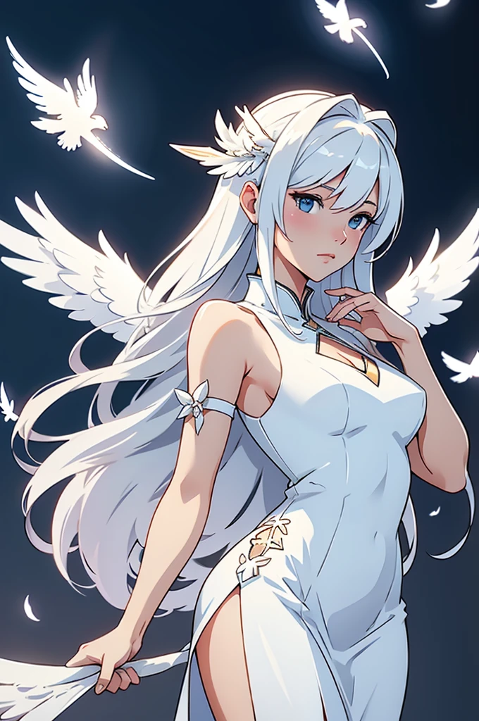 Beautiful angel in white dress, art station chengwei, halo, white feathers