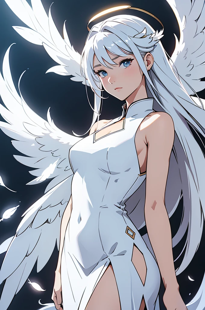 Beautiful angel in white dress, art station chengwei, halo, white feathers