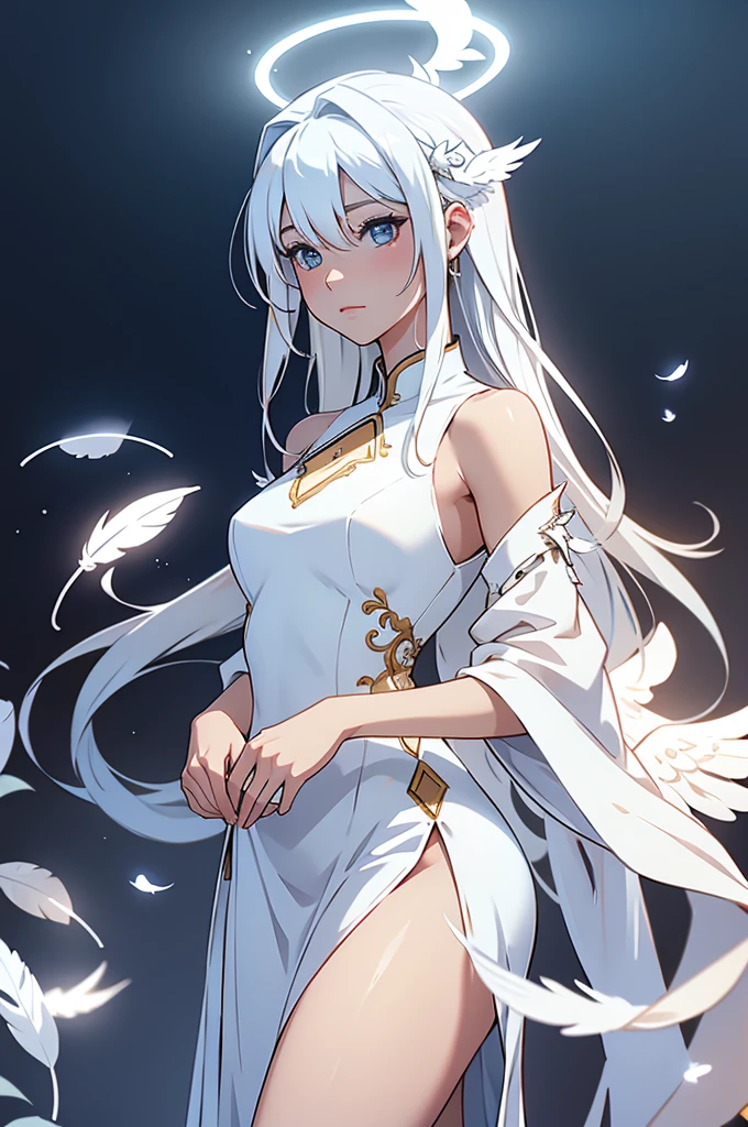 Anime - Style image of 1 mature woman at 25 years old A style image of a woman with long hair in a white dress, White dress!! of silver hair, cute anime waifu in a nice dress, white-haired god, Anime goddess, Flowing white hair, floating dress, with long white hair, detailed white long hair, wearing flowing dress,, Anime girl with long hair, flowing white robe