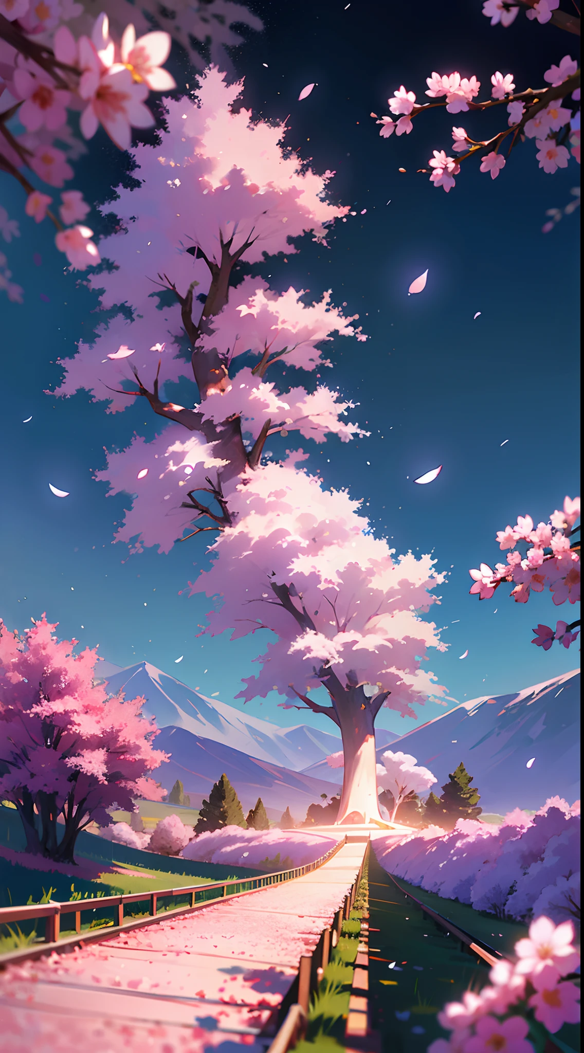 (very high res), (finedetail: 1.5), HD CG, hdr shot, (8K, RAW photo: 1.2, Best image quality: 1.4, Masterpiece: 1.2), (very high res), HD CG, (Real, Photorealistic: 1.4, Ultra HD: 1.2), High contrast, hdr, nighttime scene, (hilltop)，Sakura blossoms，A huge cherry blossom tree，(((depth of fields))), Super long-distance viewing，Faraway view，The cherry blossoms in full bloom are lit up，Cool moonlight，Creates a magical glow. Windy，sakura flowers falling， flower petals in the air,A thousand-meter-high mountaintop