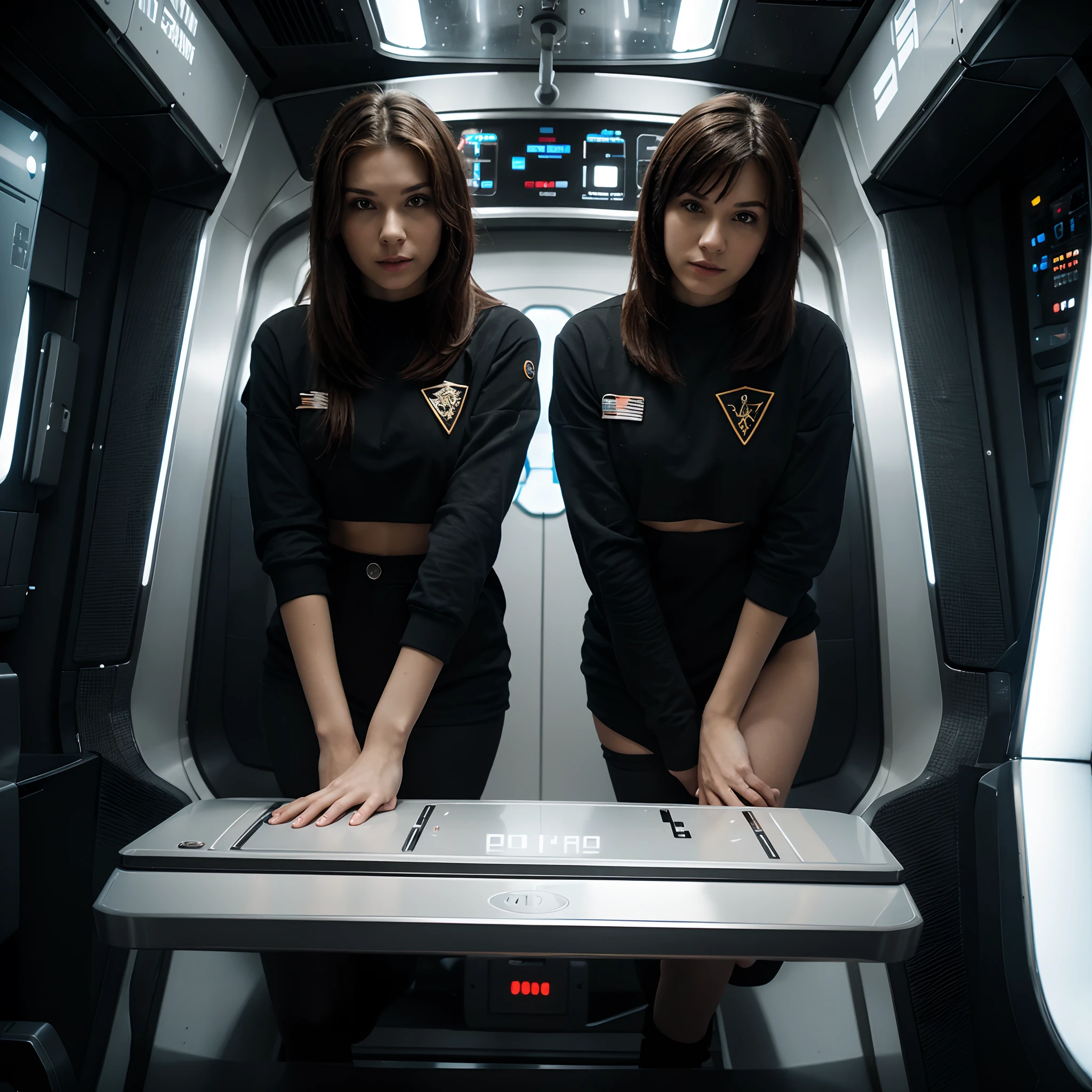 Space station crew members futuristic scifi interior clean sterile interior, crew members in foreground: 1.4, scene apparel:1.6, crew uniform: 0.7, scene style crew uniform: 0.8, scene hairstyle: 1.2, scene makeup: 1.4