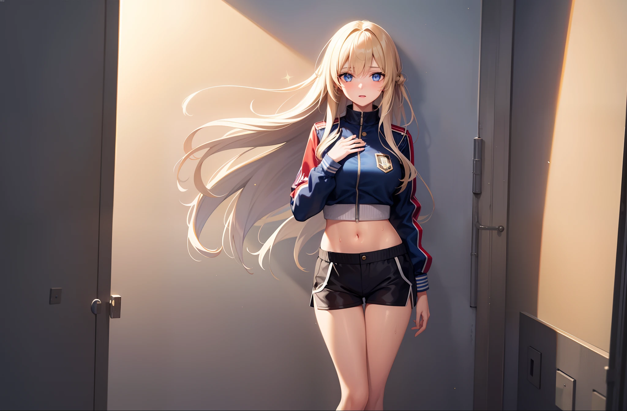 1 girl, mature girl, masterpiece, best quality, detailed eyes, sparkling eyes, beautiful hands, highly detailed hands, straight hands, shiny skin, shiny hair, blue eyes, light blonde hair, tall, long hair, straight hair, full body, best quality, shiny skin, shiny hair, sweaty, shorts, military jacket, midriff, standing, blue sky,