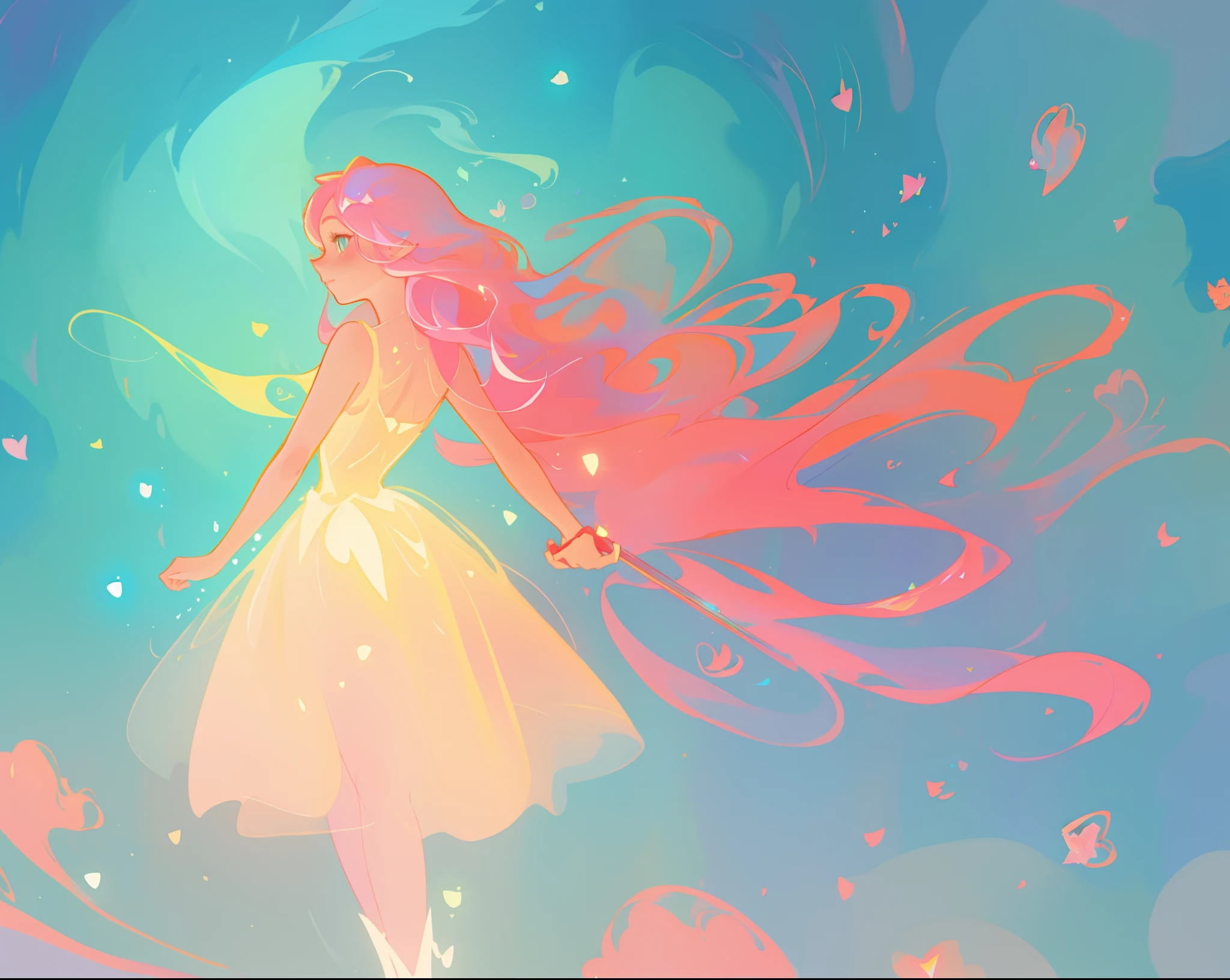 beautiful girl in puffy white tutu dress, vibrant pastel colors, (colorful), magical lights, long flowing pink hair, inspired by Glen Keane, inspired by Lois van Baarle, disney art style, by Lois van Baarle, glowing aura around her, by Glen Keane, jen bartel, glowing lights! digital painting, flowing glowing hair, glowing flowing hair, beautiful digital illustration, fantasia background, whimsical, magical, fantasy, beautiful face, ((masterpiece, best quality)), intricate details, highly detailed, sharp focus, 8k resolution, sparkling detailed eyes, liquid watercolor
