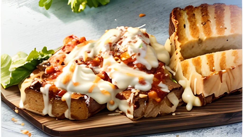 ((Toast bread)), ((beef slice)), beef, chili sauce, cheese sauce, mayonaise, (lettuce), (toamto)