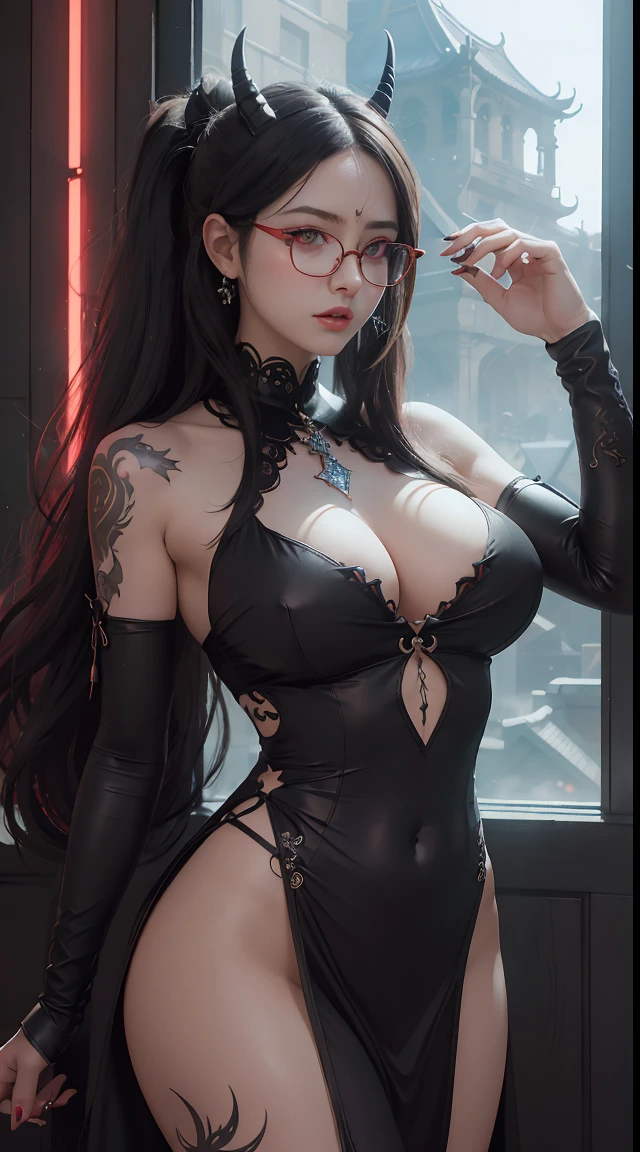 Fine、(The best illustrations)、8k UHD resolution、intricate-detail、top-quality、realisitic、ultra-detailliert、The best lighting、Best Shadows、Soft lighting、Ulutra HD、Ultra-realistic、Tindall Effect、Photorealsitic、(High Detail Skins:1.2)、 (Intricate details, makeup, pureerosface_v1:0.5), (Detailed beautiful delicate face, Detailed beautiful delicate eyes, A perfectly proportioned face, High detailed skin, Detailed skin, best ratio four finger and one thumb, arms below breasts, Tattoo with a red glow under the stomach、Awesome awesome, wide hips, smooth midriff, skiny and thin, __Fashion__, __hair__:1.25)、Digital SLR、 absurderes、1 beautiful devil woman from hell, surreal female portraits by David Hockney and Alphonse Mucha, Portrait of a seductive woman、Fantasy Art, Chinese Doll、Chinese actress、Dungeon、The dragon、Devil's Palace、Devil's Torture Chamber、natta、Dark style 、In the Dark、(Detailed spooky backgrounds:0.8), magia、 1人、Evil Nun、Dark Necromancer、Succubus、Devil's Daughter、Umi Shinonome、Bat Wings,(((Demon Horns)))、 ((((Huge glasses, Otaku Glasses, thick glasses, Round glasses)))),(((Colossal tits)))、(Devil's Tail)、(red eyes glowing:1.6)、red eyes make up very sharp and detailed, The eyes are very well made up, ((Red Eye:1.0)),intricate tattoos, demonic intricate tattoos, thigh tattoos, body tattoos, masterpiece、The most beautiful face、a baby face、Charming smile、plump beautiful red lips、Muscular seductive body、The enchanting body of the devil、devil style、Enchanting monastic clothes、The long-haired、Braids、Black hair、Ponytail distortion、, Ponytail with a bow tied at the back of the hair, Beautiful expression、Body Up、Large breasts emphasis、Bust, Super tight breasts, Breast augmentation surgery, The breasts are very big and round and round,Toned waist、Wide buttocks、 lowkey, cowboy lens, (Black Phoenix Dress: 1.0), devil crown, Red sparkling gemstone necklace、Jewelry Gwise, wearing black mesh socks,Wear light red、nffsw, nffsw, Meet beautiful girls, Look at the girl's body,
