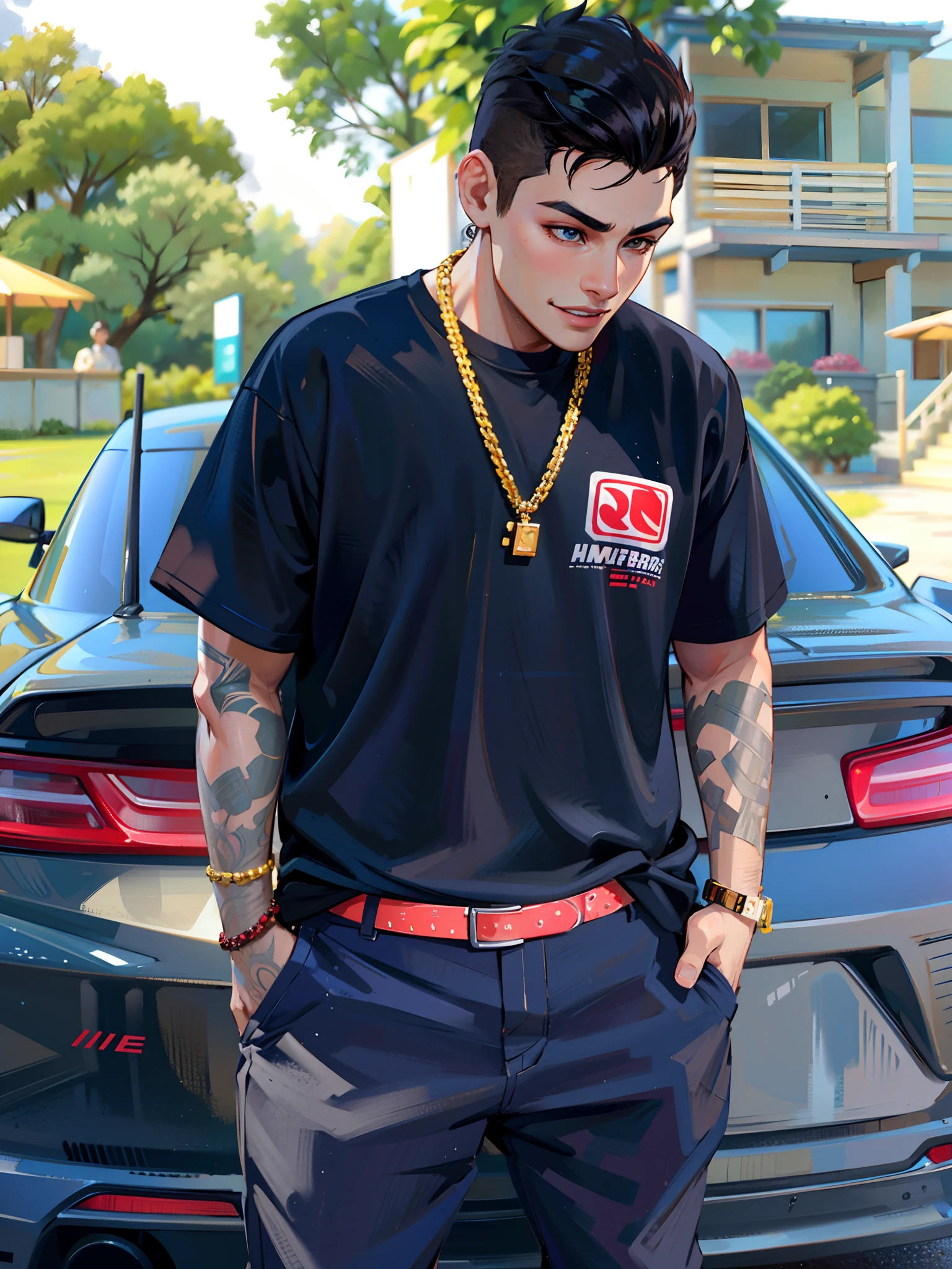 (masterpiece),(best quality:1.0), (ultra highres:1.0), detailed illustration, 8k, 1boy, anime boy, wearing black t-shirt, smiling, detailed face, perfect face, anime eyes, detailed eyes, dark brown eyes, detailed hair, highlights in hair, day time, highly detailed, anime style, vibrant