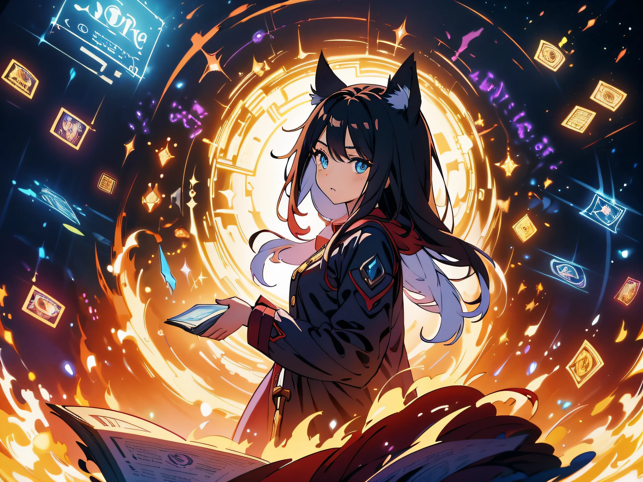 masterpiece, In a world where magic and technology exist side by side, a girl with cat ears (black hair, long hair) sets out on a journey to hone their skills and uncover the secrets of their powers, beautiful eyes finely detailed. Along the way, they meet a diverse cast of characters, including other mages, robots, and creatures from beyond their world. As they travel through fantastical lands and face incredible challenges, the mage must learn to harness the full potential of their abilities and unlock the true potential of magic in the modern age.