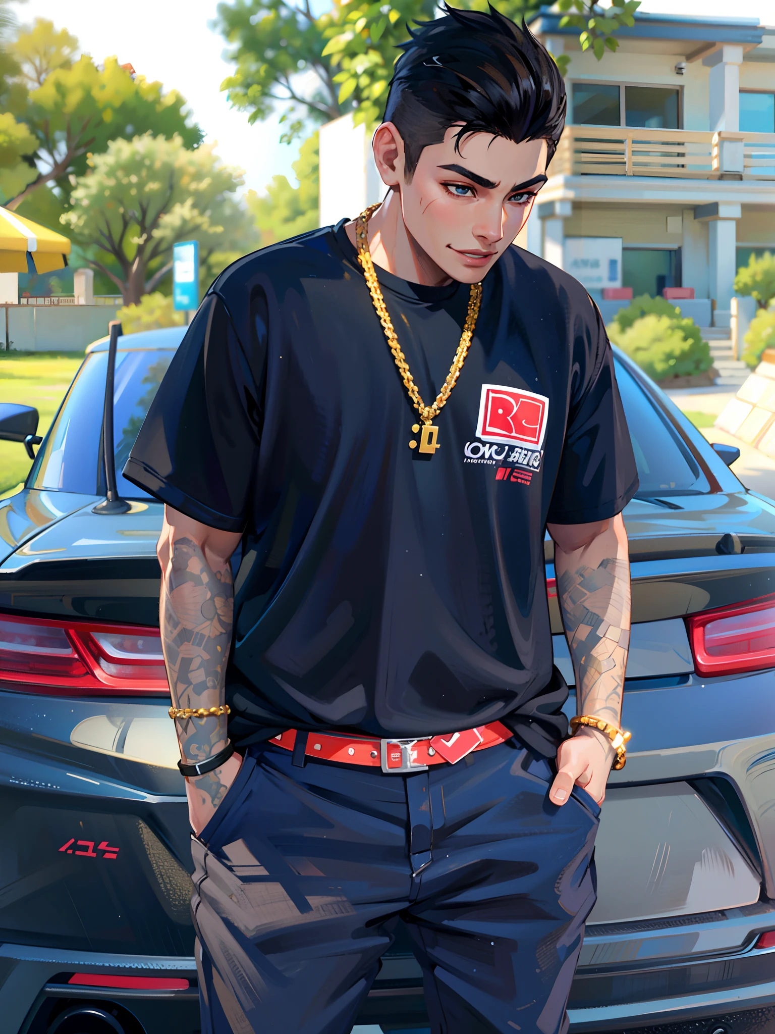 (masterpiece),(best quality:1.0), (ultra highres:1.0), detailed illustration, 8k, 1boy, anime boy, wearing black t-shirt, smiling, detailed face, perfect face, anime eyes, detailed eyes, dark brown eyes, detailed hair, highlights in hair, day time, highly detailed, anime style, vibrant