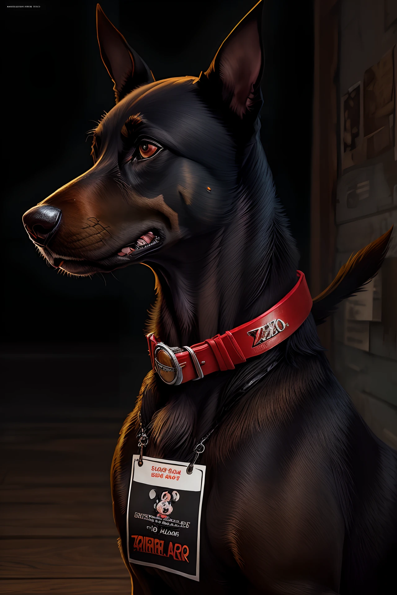 a Disney Pixar poster titled as “Enzo” in the image, included a black and rust Doberman with ears cut and tail cut with a red collar with a silver name tag titled as “Enzo”