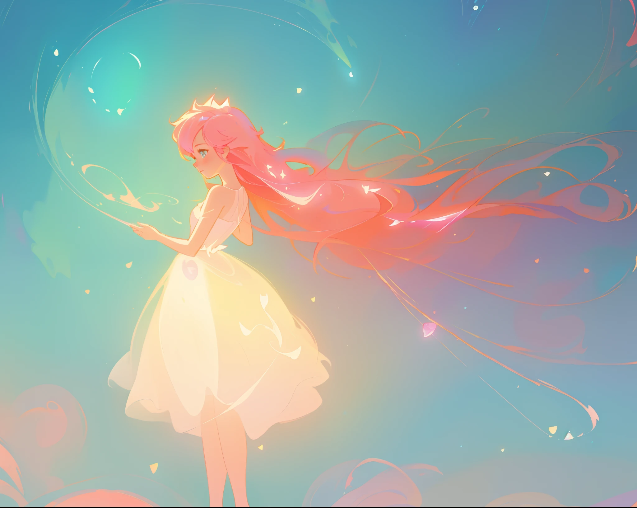 beautiful girl in puffy white tutu dress, vibrant pastel colors, (colorful), magical lights, long flowing colorful pink red hair, inspired by Glen Keane, inspired by Lois van Baarle, disney art style, by Lois van Baarle, glowing aura around her, by Glen Keane, jen bartel, glowing lights! digital painting, flowing glowing hair, glowing flowing hair, beautiful digital illustration, fantasia background, whimsical, magical, fantasy, beautiful face, ((masterpiece, best quality)), intricate details, highly detailed, sharp focus, 8k resolution, sparkling detailed eyes, liquid watercolor