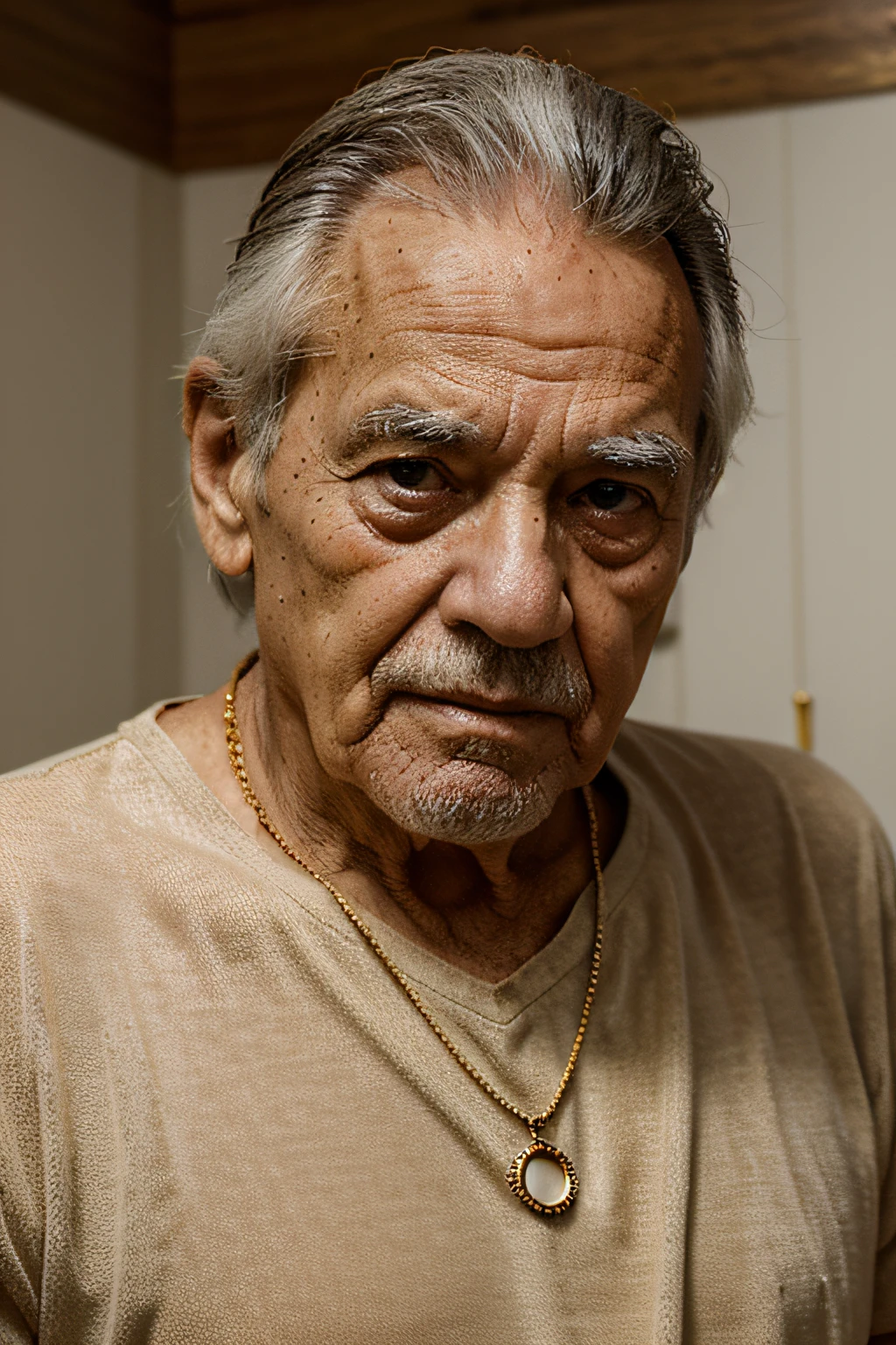 HOmem branco e velho com 90 anos, with gold necklace around the neck.