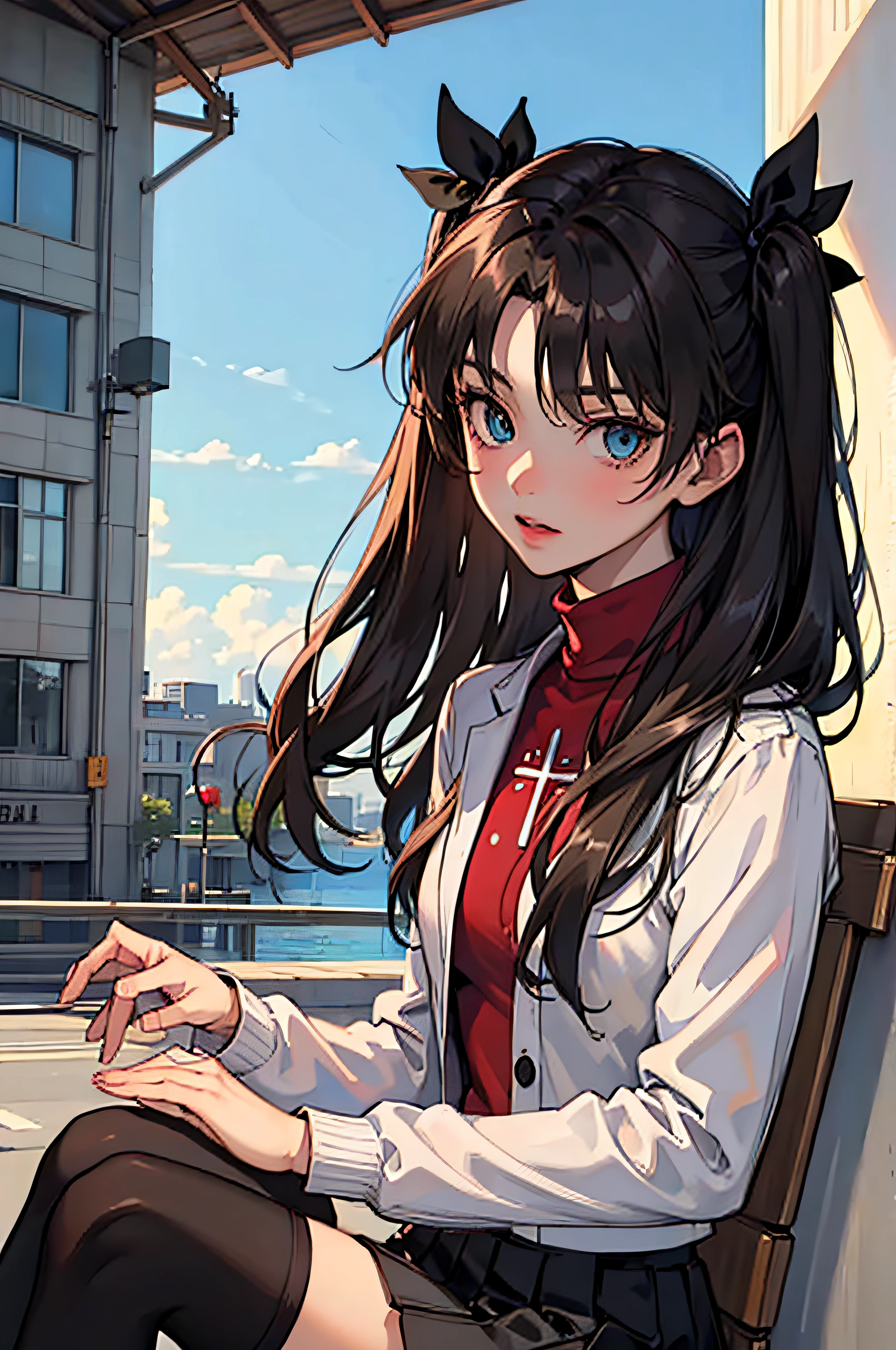 (masterpiece), best quality, expressive eyes, perfect face, 1girl, solo, rintohsaka, rin tohsaka, aqua eyes, black hair, hair ribbon, long hair, ribbon, sidelocks, two side up, black skirt, black thighhighs, long sleeves, miniskirt, pleated skirt, ((red sweater)), skirt, sweater, thighhighs, turtleneck, city background, sitting, character sheet, upper body, portrait, looking at viewer