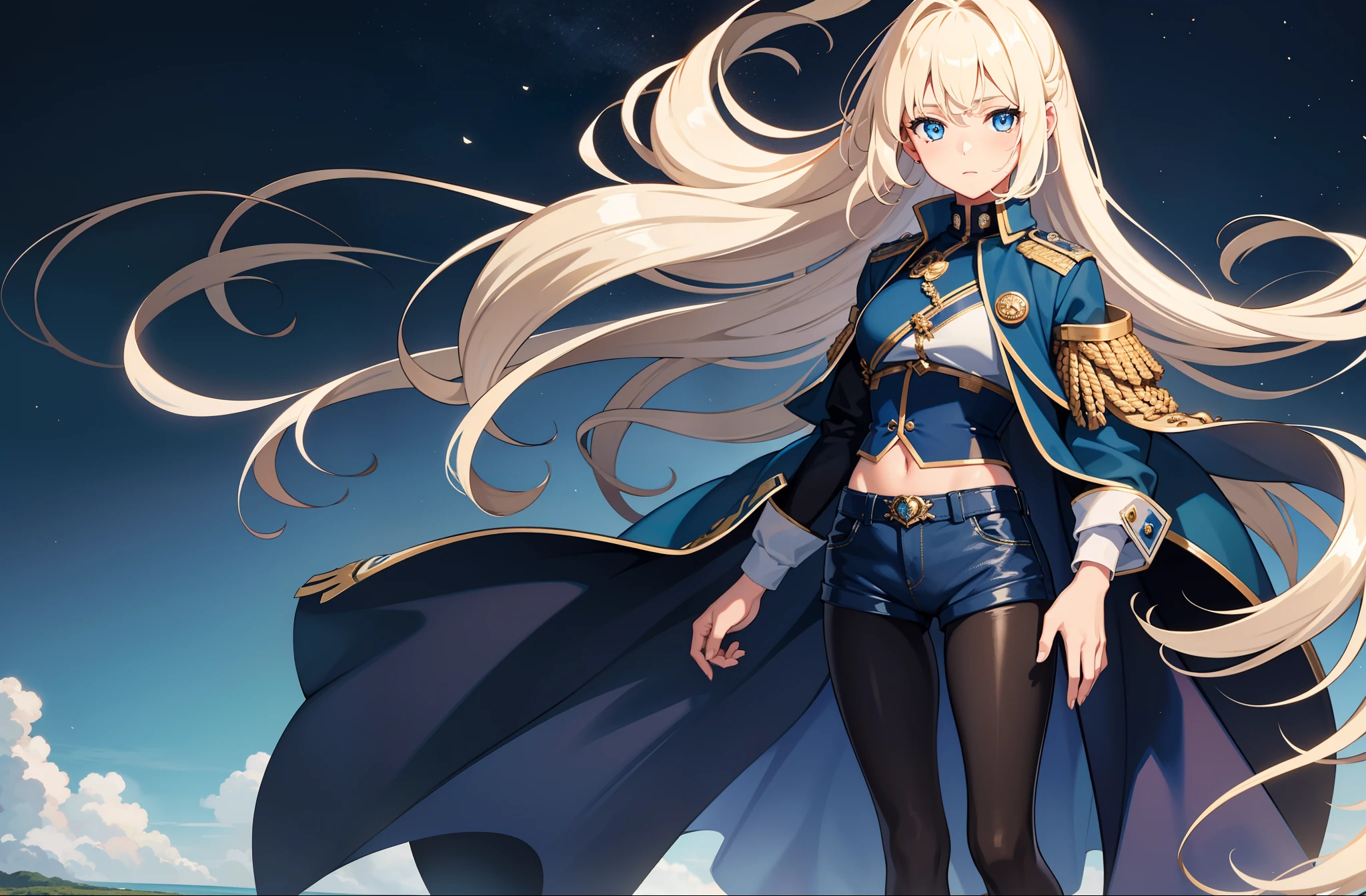 1 girl, masterpiece, best quality, detailed eyes, sparkling eyes, beautiful hands, highly detailed hands, straight hands, shiny skin, shiny hair, blue eyes, light blonde hair, tall, long hair, straight hair, full body, best quality, shiny skin, shiny hair, sweaty, blue jean shorts, military jacket, midriff, standing, blue sky,
