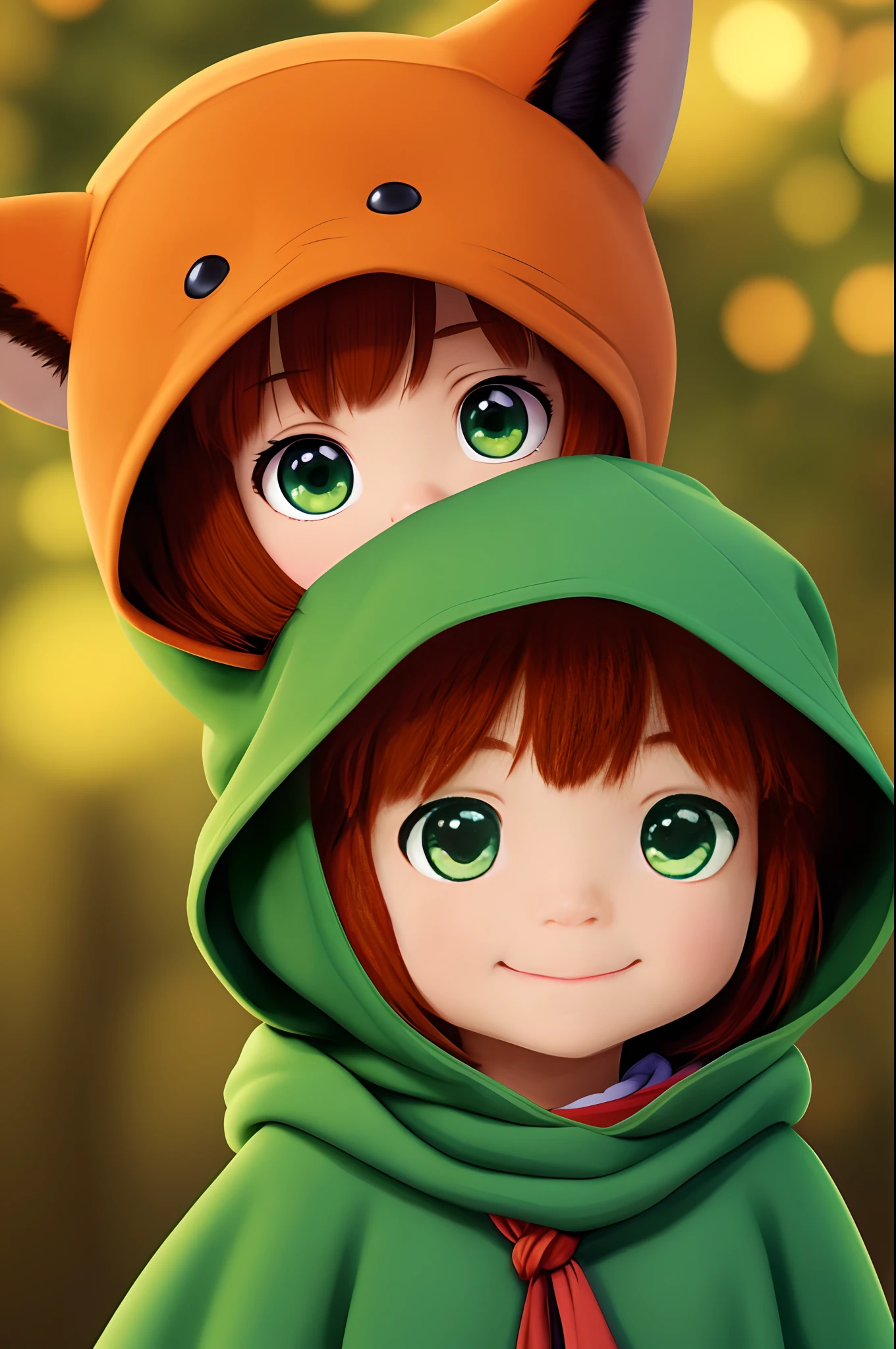 Style pixar. Couleurs studio ghibli. Couleurs automnales. Couleurs chaudes. A *********** with a hood up and vixen ears dressed in green. Sourire. Grands yeux verts. Tenir dans les mains un livre. solid background. Bokeh. Striped scarf. Better image quality.