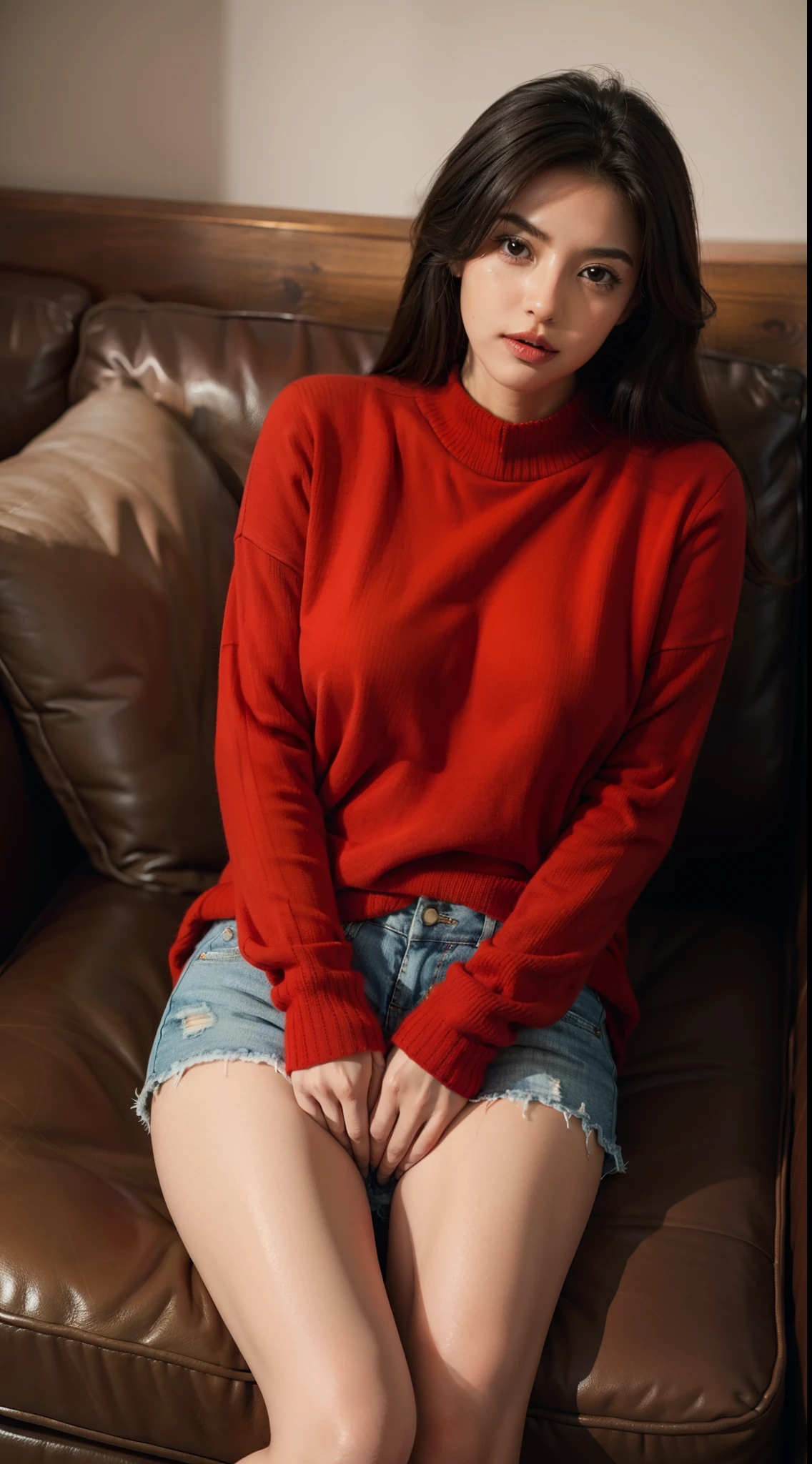 1 hermosa mujer sentada, on a cozy couch,Cruce de piernas,Luz suave, Red sweater, shorts blancos