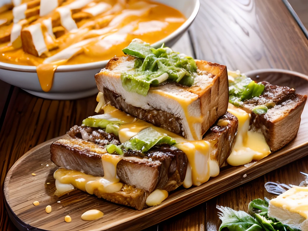 ((Toast bread)), ((beef slice)), beef, chili sauce, cheese sauce, mayonaise, (lettuce), (toamto)