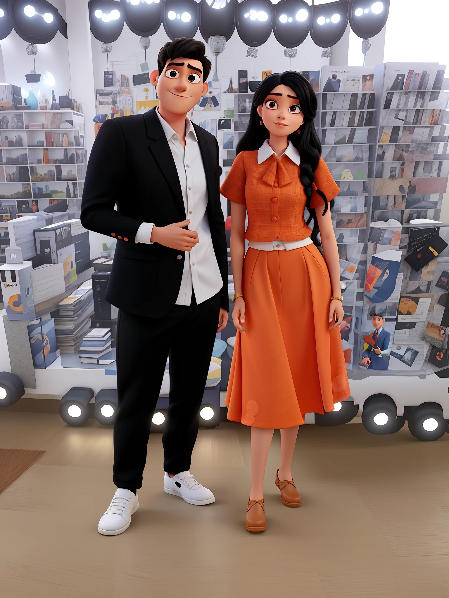 Pixar style couple man with blazer and black pants and blouse inside white blazer, mulher com vestido laranja