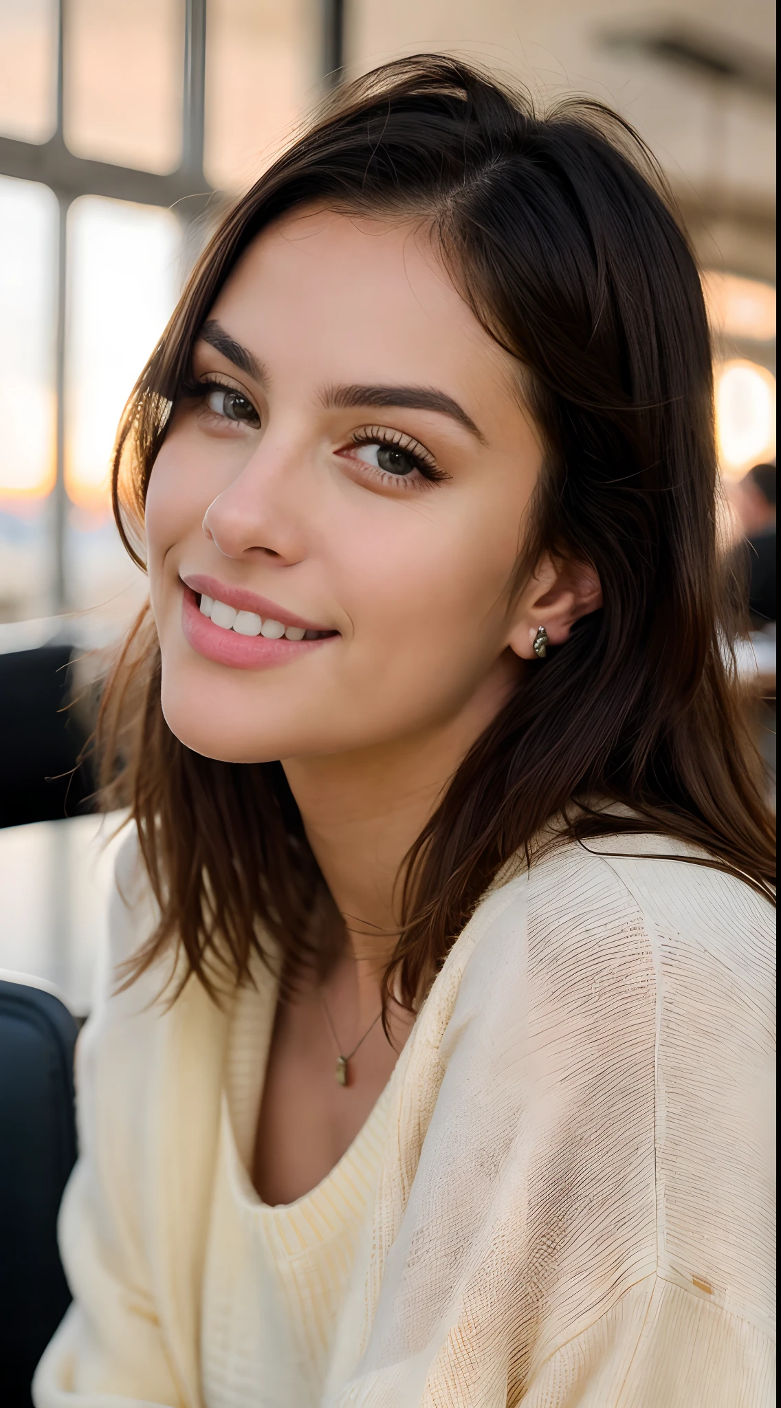 Cute beautiful blonde with yellow sweater (Drinking coffee in a modern café at sunset), muy detallado, , Cara inocente, cabello naturalmente ondulado, ojos azules, high resolusion, Obra maestra, Mejor calidad, Detalles intrincados, muy detallado, foco nítido, Piel detallada, Texturaa de piel realista, Textura, Ojos detallados, Profesional, 4k, sonrisa encantadora, tomada con Canon, 85 mm, Profundidad de campo de la luz, Kodak Vision Color, Cuerpo perfectamente ajustado, Extremadamente detallado, Cinematographer_\(ultra\), fotorrealista, realista, Postproceso, maximum details, Aspereza, vida real, ultrarrealista, Cinematographerrrealismo, Cinematographergrafía, 8k UHD, Cinematographergrafía