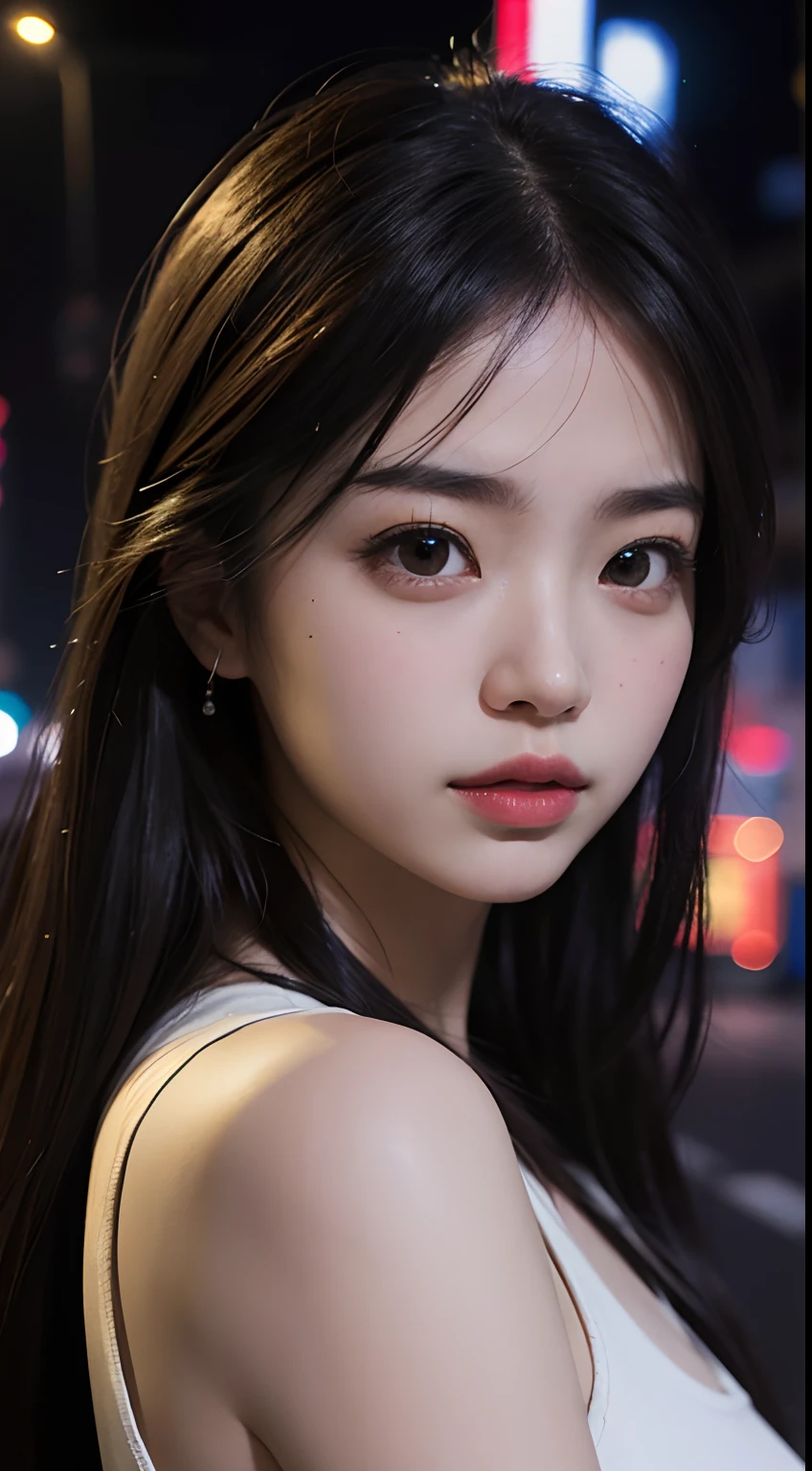 1girl, Tokyo street,night, cityscape,city lights, upper body,close-up, 8k, RAW photo, best quality, masterpiece,realistic, photo-realistic,
