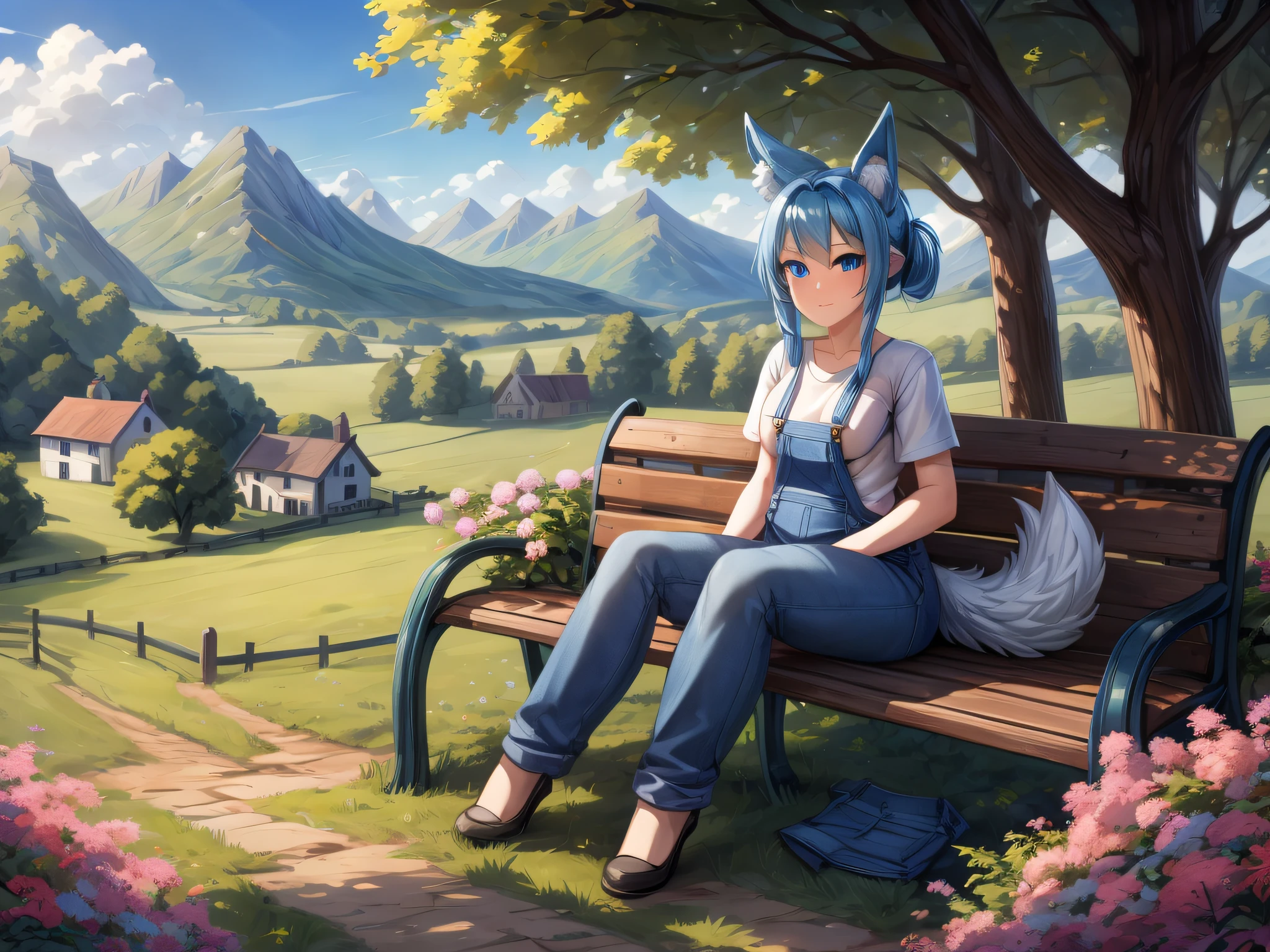 (Masterpiece) (High Detail) (High Res) A short humanoid girl with pale human skin and blue eyes and long blue hair in a ponytail and blue dog ears and a big fluffy dog tail is wearing denim overalls and a white t-shirt and is sat on a bench outside a country cottage surrounded by fields and farmland. Sunny, landscape. Pink Flowers, Hedges, Trees, Distant mountains.