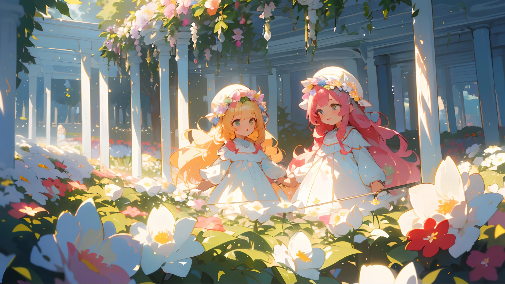 ((masterpiece,top-quality)),Cinematographic lighting, 3 Girls,ful,glowing lights,Colorful hair with glistening waves,Voluminous hair,fluffy hair,beautiful digital illustrations, ((Run through the flower garden)),A child full iles,Flower garden bathed in sunlight,Soft, Beautiful facial features,Detailed eyes,((masutepiece, Best Quality)),