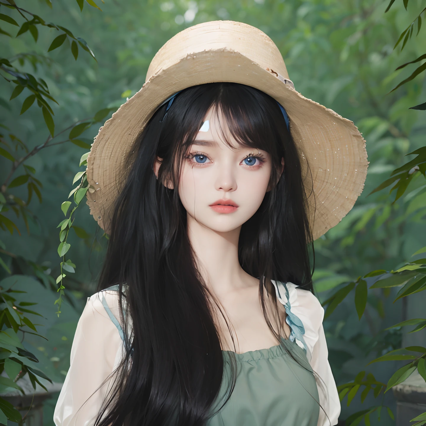 (Masterpiece, Best Quality, Realistic Quality, 1 Girl, Long Black Hair, Blue Eyes, Pretty Face, In Nature)