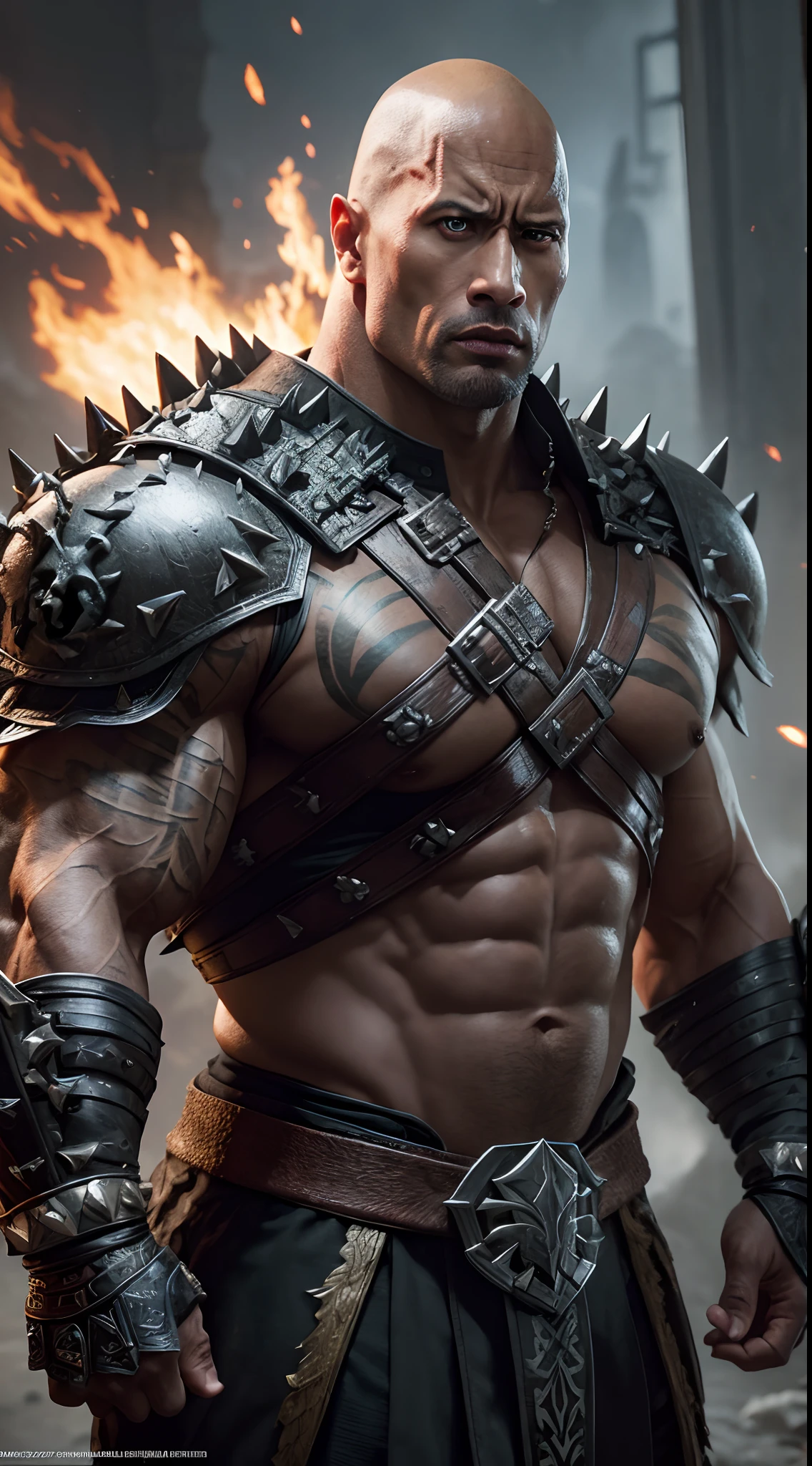 dwayne johnson as Shao Kahn from Mortal Kombat, wears imposing battle armor adorned with skulls, spikes, and other intimidating details, armor marron in color, glowing eyes, wields a large war hammer, intricate, high detail, sharp focus, dramatic, photorealistic painting art by greg rutkowski