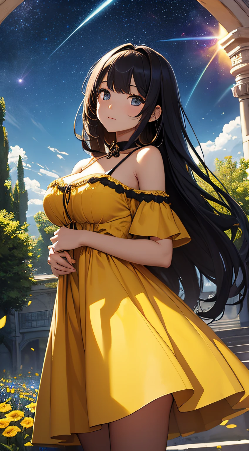 masterpiece、Background with((kosmos、meteors、black hole、Fantastic flower garden emitting light))、About 20 years old、a beauty girl、huge tit、Great embroidery on a yellow mini dress with slits、No Shoulder、Exposing the chest、hair adornments、heavy wind、pantiy