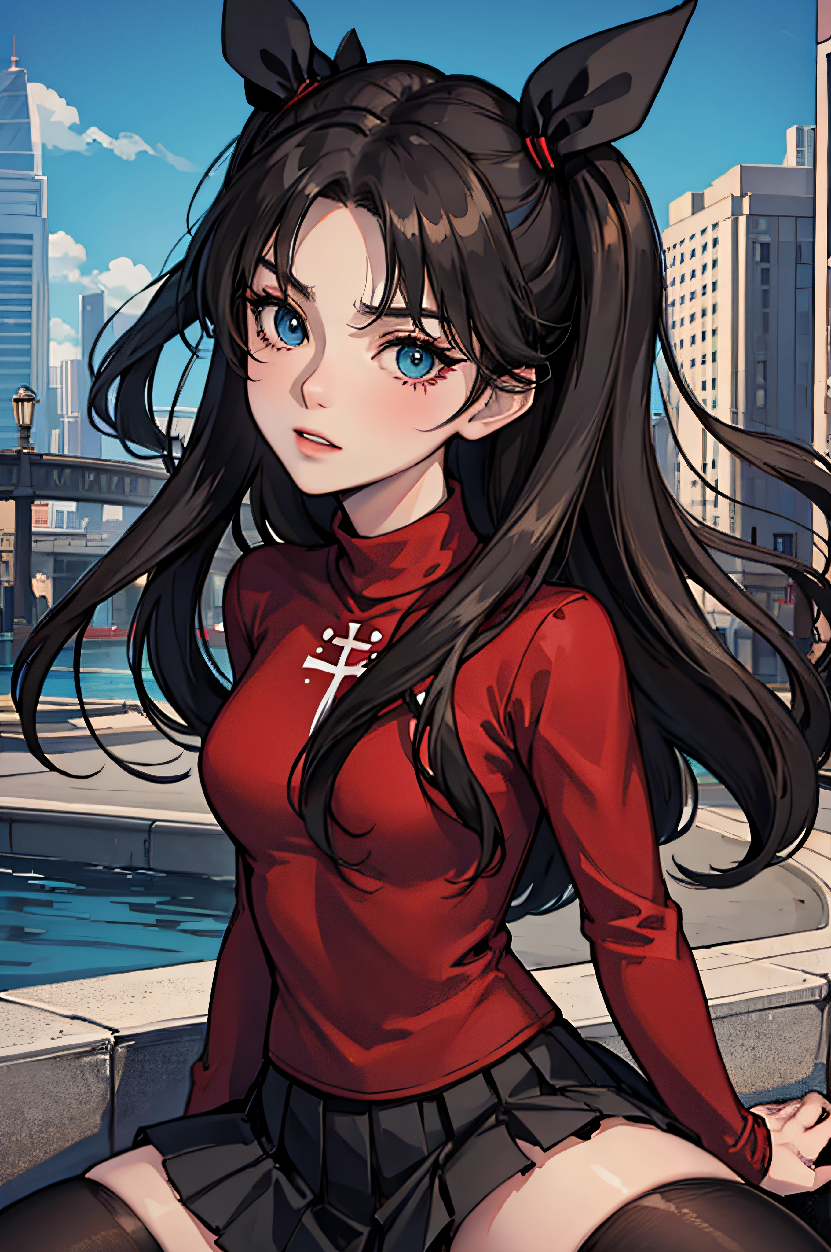 (masterpiece), best quality, expressive eyes, perfect face, 1girl, solo, rintohsaka, rin tohsaka, aqua eyes, black hair, hair ribbon, long hair, ribbon, sidelocks, two side up, black skirt, black thighhighs, long sleeves, miniskirt, pleated skirt, ((red sweater)), skirt, sweater, thighhighs, turtleneck, city background, sitting, character sheet, upper body, portrait, looking at viewer