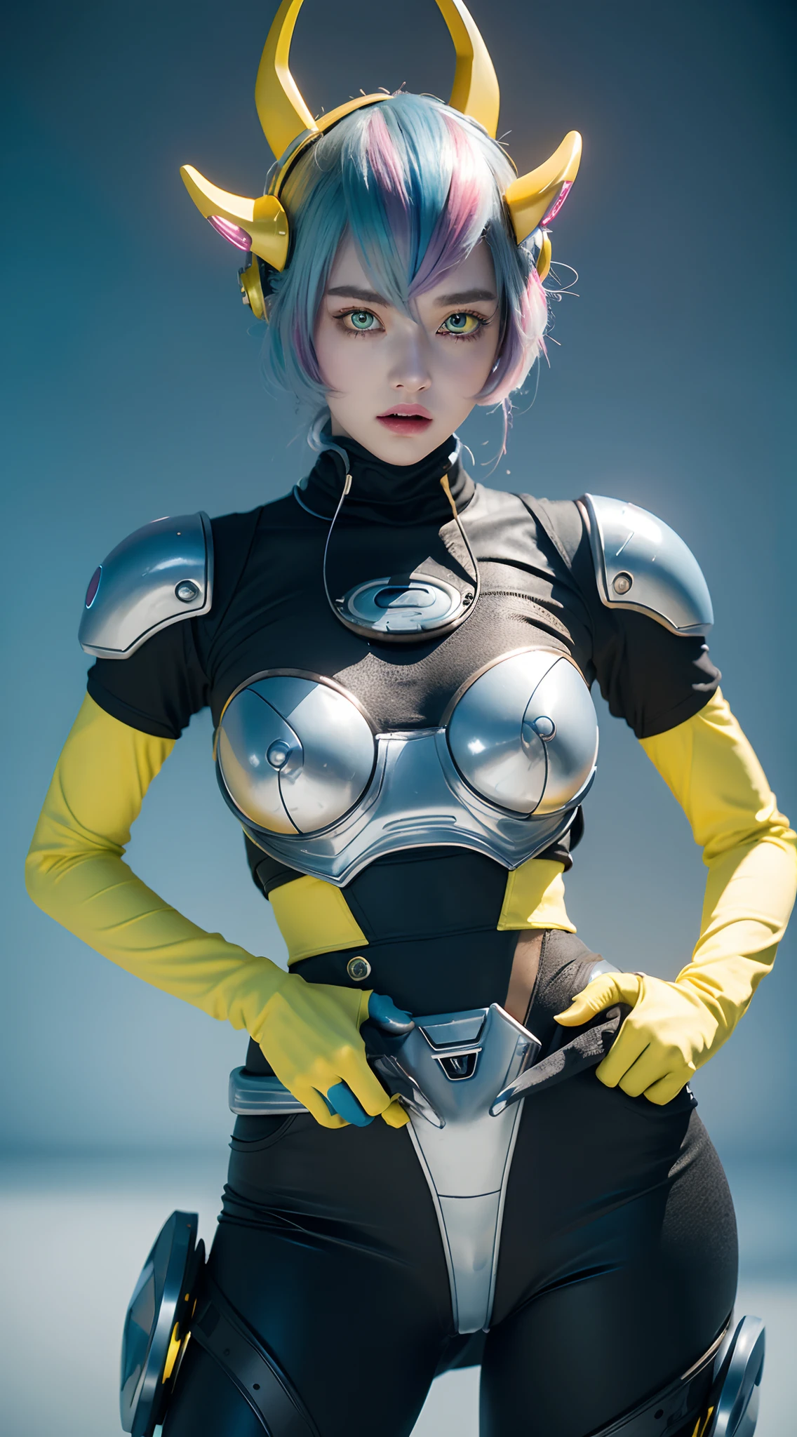 A fantz monster design, Cute robot in the cake shop [style-rustmagic]，female robot，Maid robot，Half-human, Cyborgs，Working in a cake shop，tray， (((Light blue and yellow heterochromic eyes))), Perfect lips and a half-open mouth, The girl floats in the void of the nebula, Tied to a cable around her waist, {Extremely detailed 16k CG unit wallpaper}, Expansive landscape photography, (down view，Focus on the characters and the wide open space), (Broaden your horizons), (high-angle shot) , (high light: 1.5), (Low light: 1.2), (Warm light source: 1.7), Complex details, (Iridescent colors: 1.8), (Bright lighting), (Atmospheric lighting), Dreamy, Aesthetic,