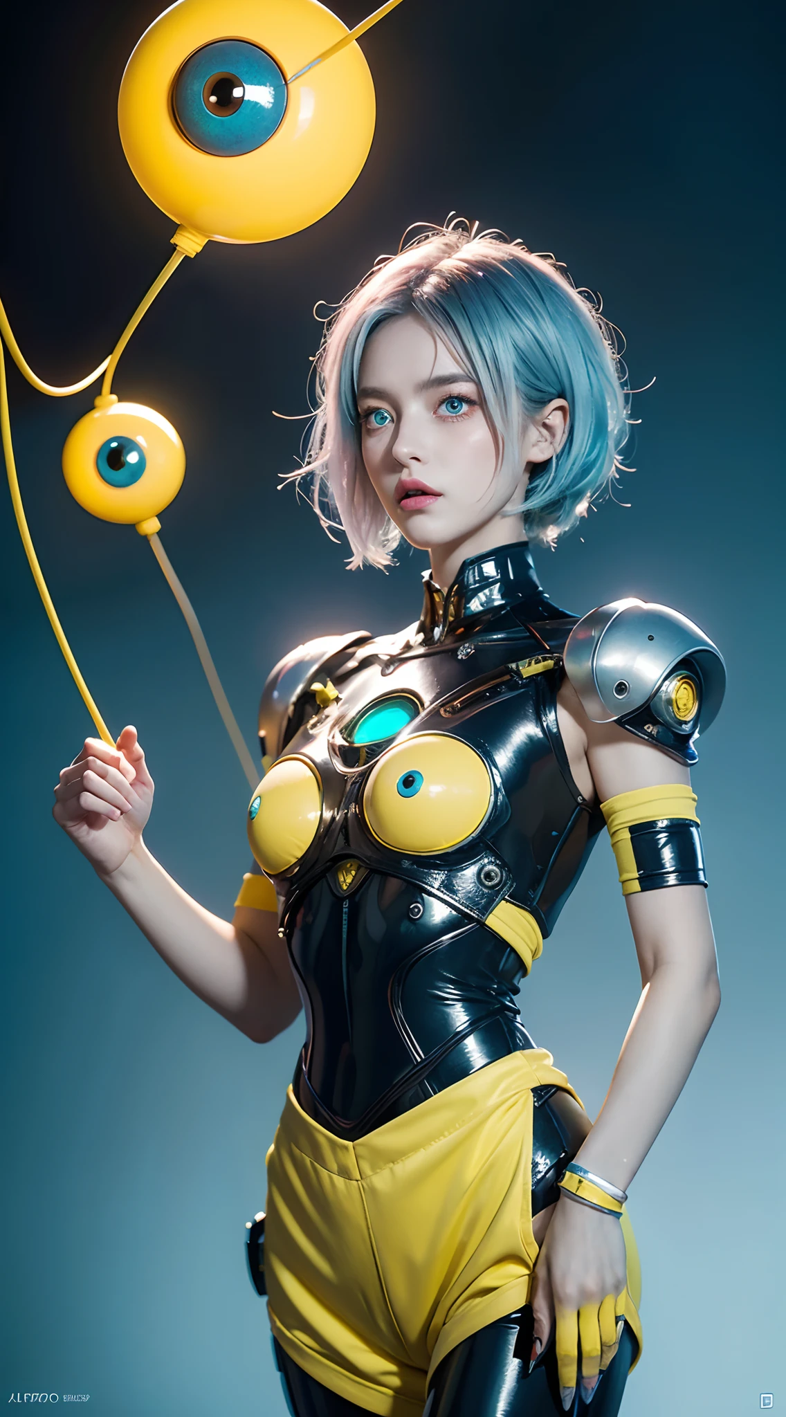 A fantz monster design, Cute robot in the cake shop [style-rustmagic]，female robot，Maid robot，Half-human, Cyborgs，Working in a cake shop，tray， (((Light blue and yellow heterochromic eyes))), Perfect lips and a half-open mouth, The girl floats in the void of the nebula, Tied to a cable around her waist, {Extremely detailed 16k CG unit wallpaper}, Expansive landscape photography, (down view，Focus on the characters and the wide open space), (Broaden your horizons), (high-angle shot) , (high light: 1.5), (Low light: 1.2), (Warm light source: 1.7), Complex details, (Iridescent colors: 1.8), (Bright lighting), (Atmospheric lighting), Dreamy, Aesthetic,