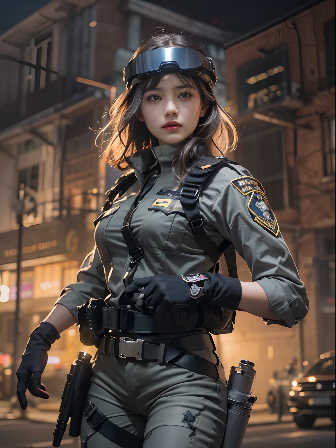 Highest image quality, outstanding details, ultra-high resolution, (realism: 1.4), (Portrait:1), the best illustration, favor details, highly condensed 1girl, with a delicate and beautiful face, ((cowboy shot)), (wearing racing suit likes police uniform, black and gray mecha, wearing a a night-vision goggle, military harness, holding a machinegun or bring a machinegun, "SST"), background simple grey concrete wall,