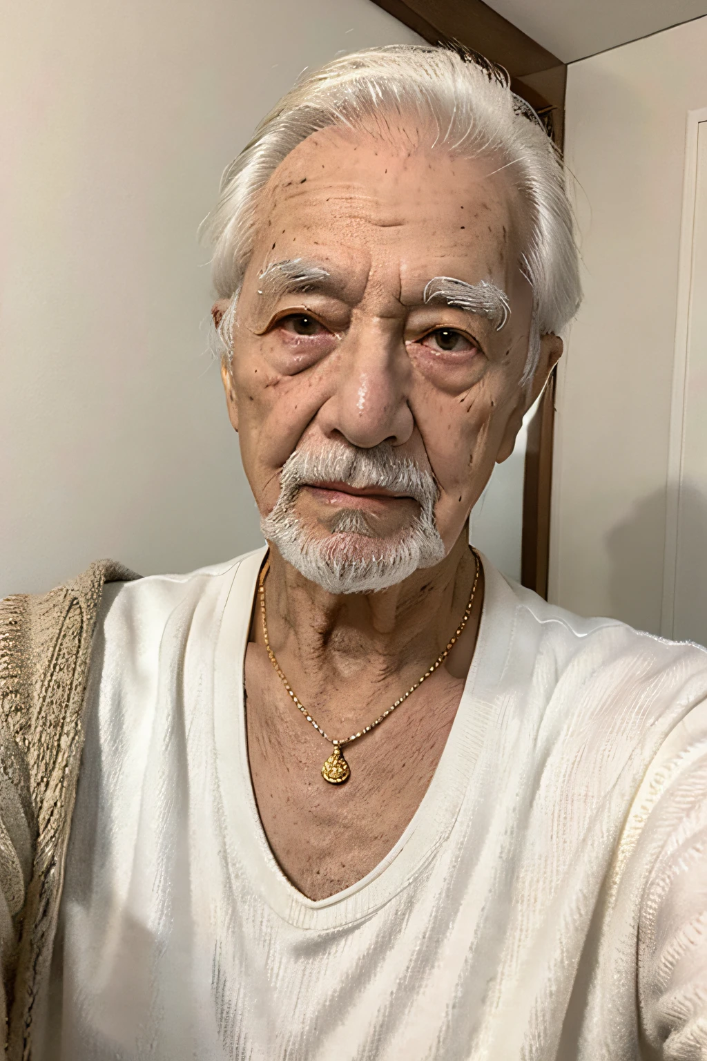 HOmem branco e velho com 90 anos, with gold necklace around the neck.