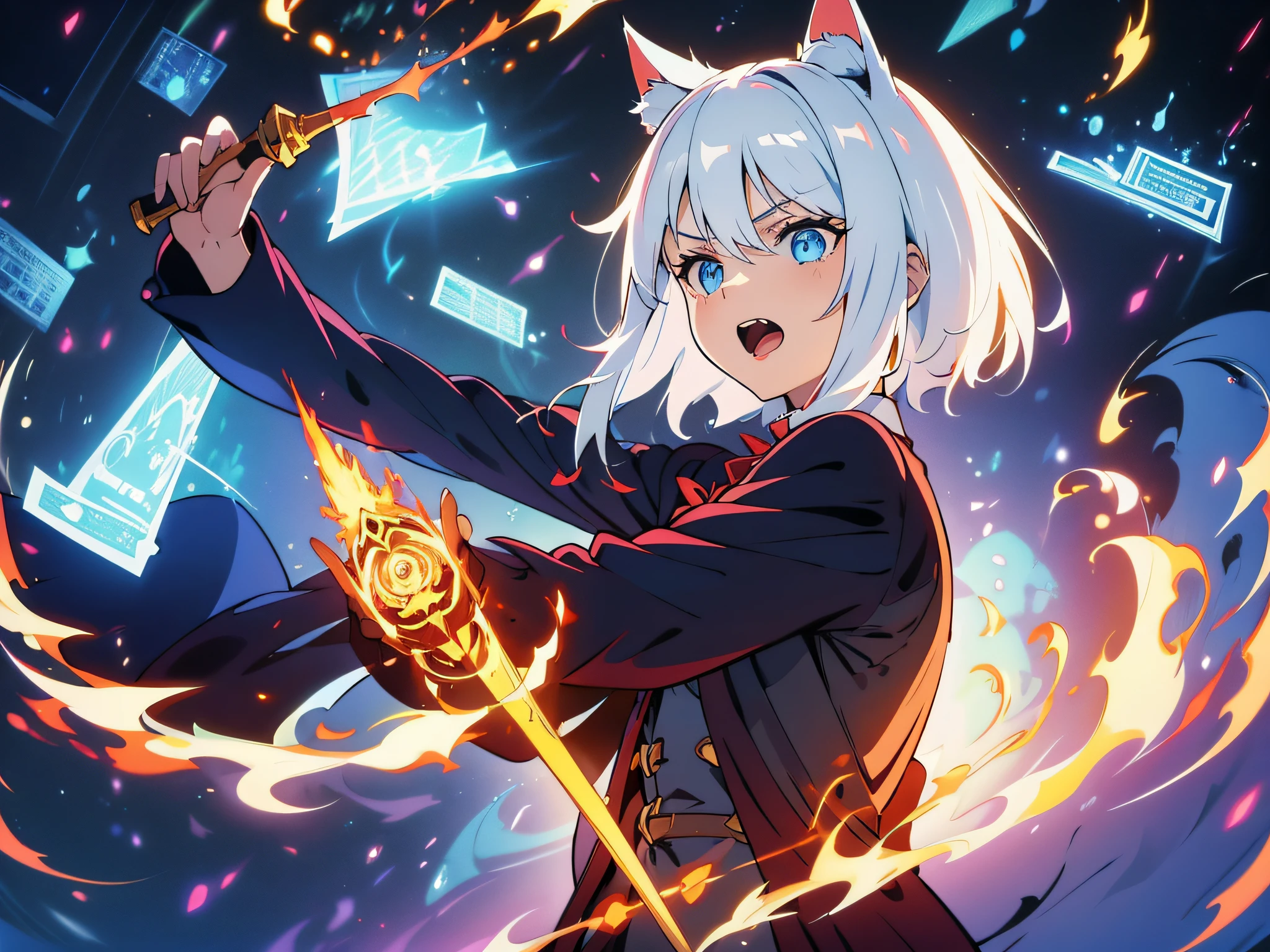 masterpiece, In a world where magic and technology exist side by side, a girl with cat ears (white hair, short hair) sets out on a journey to hone their skills and uncover the secrets of their powers, beautiful eyes finely detailed. The mage must learn to harness the full potential of their abilities and unlock the true potential of magic in the modern age. full body illustration, evil facial expression, holding a sword, she hold sword with flames coming out from her sword.