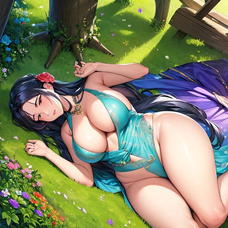 (a painting),(best quality,4k,8k,highres,masterpiece:1.2),ultra-detailed,(realistic,photorealistic,photo-realistic:1.37),portraits,(bright and vibrant colors),(soft, warm lighting),mature female,curvy body,elegant posture,confident expression,beautiful detailed eyes,beautiful detailed lips, long eyelashes,long wavy hair,stylish clothing,ornate jewelry,subtle makeup,lush garden background,flowers in bloom,lush greenery,shafts of sunlight streaming through trees,dappled light and shadows,picturesque scenery,serenity and tranquility