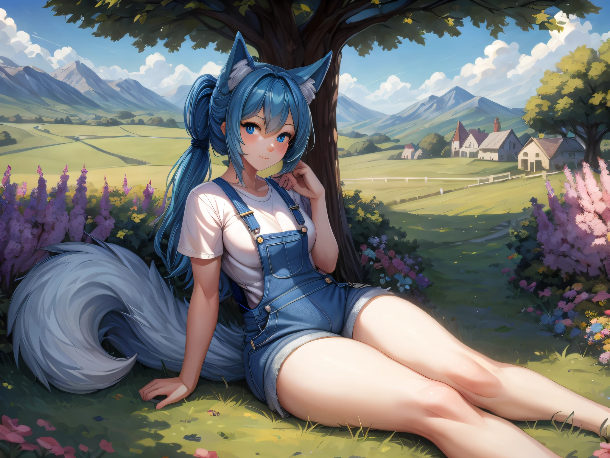 (Masterpiece) (High Detail) (High Res) A short humanoid girl with pale human skin and blue eyes and long blue hair and blue dog ears and a big fluffy dog tail and average breasts is sat on a tractor on a farm in the middle of the countryside with sprawling fields all around. She is wearing a plaid button up shirt and denim shorts.