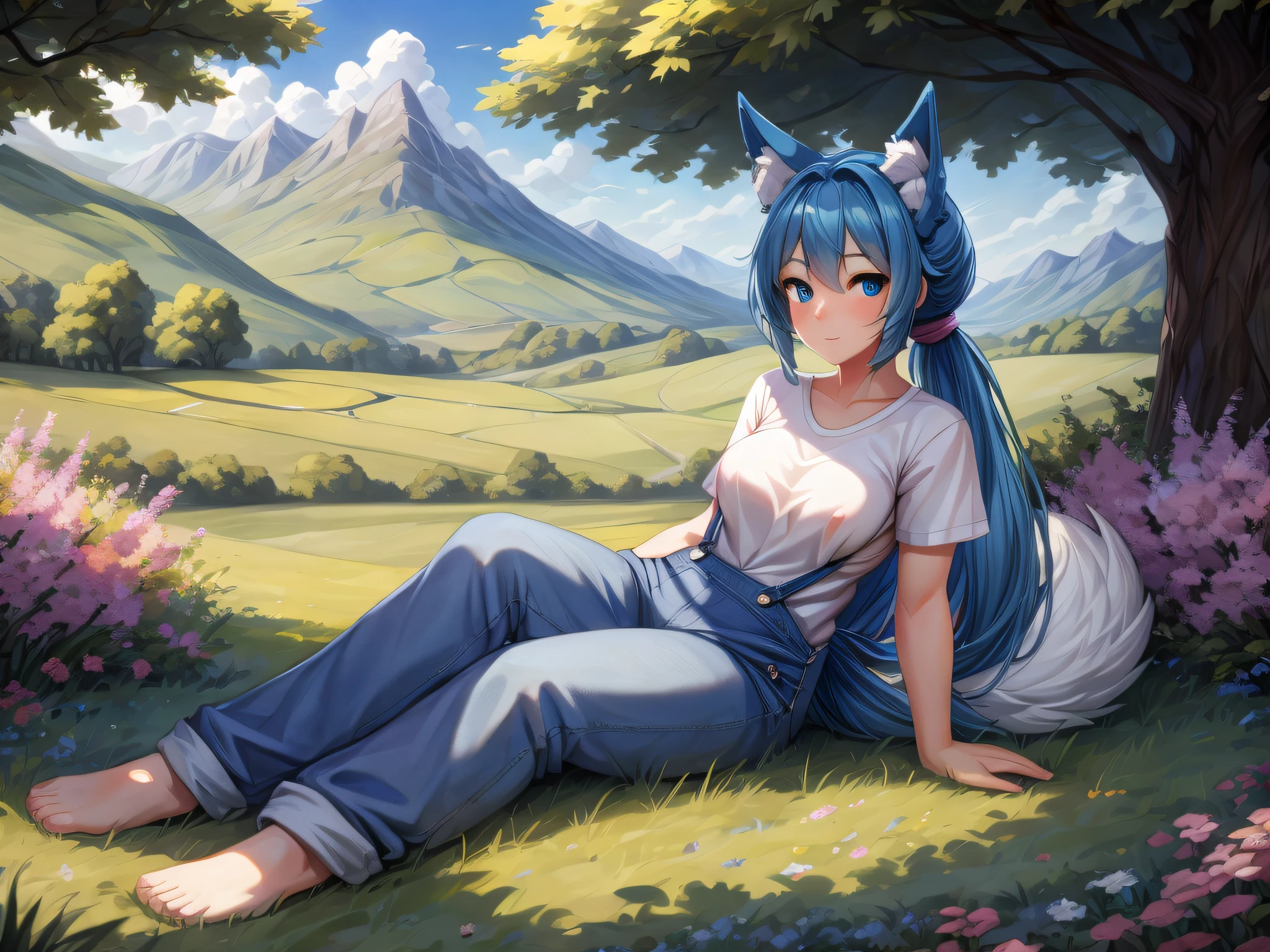 (Masterpiece) (High Detail) (High Res) A short humanoid girl with pale human skin and blue eyes and long blue hair in a ponytail and blue dog ears and a big fluffy dog tail is wearing denim overalls and a white t-shirt and is sat alone on the grass under a tree outside a country cottage surrounded by fields and farmland. Sunny, landscape. Pink Flowers, Hedges, Distant mountains.