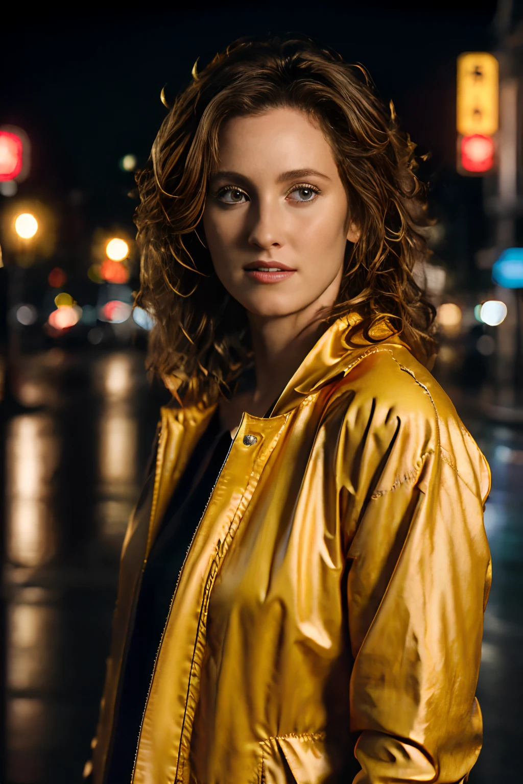 (RAW photo, Real life, absurdress, hiquality, Photorealistic, Detailed, Realistic:1.3), (独奏:1.3), high-resolution photography: Judith Hogue, Yellow Rain Jacket, curly hair, On the street of the city at night, Cinematic, atmospheric, 8K, Realistic lighting, Author: Hassleblad H6D, Zeiss, Kodachrome, Nikon, 50mm 1.2 lens, Octane Render, ultra realistis, Realistic lighting, Photorealistic, photo realism, photo-realistic, Unreal Engine 5, Adobe After FX, Highly detailed, intricate detials