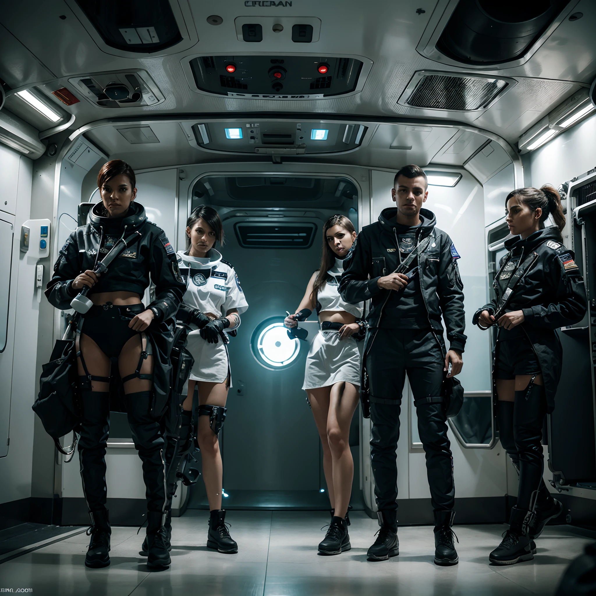 Space station crew members futuristic scifi interior clean sterile interior punk style crew members