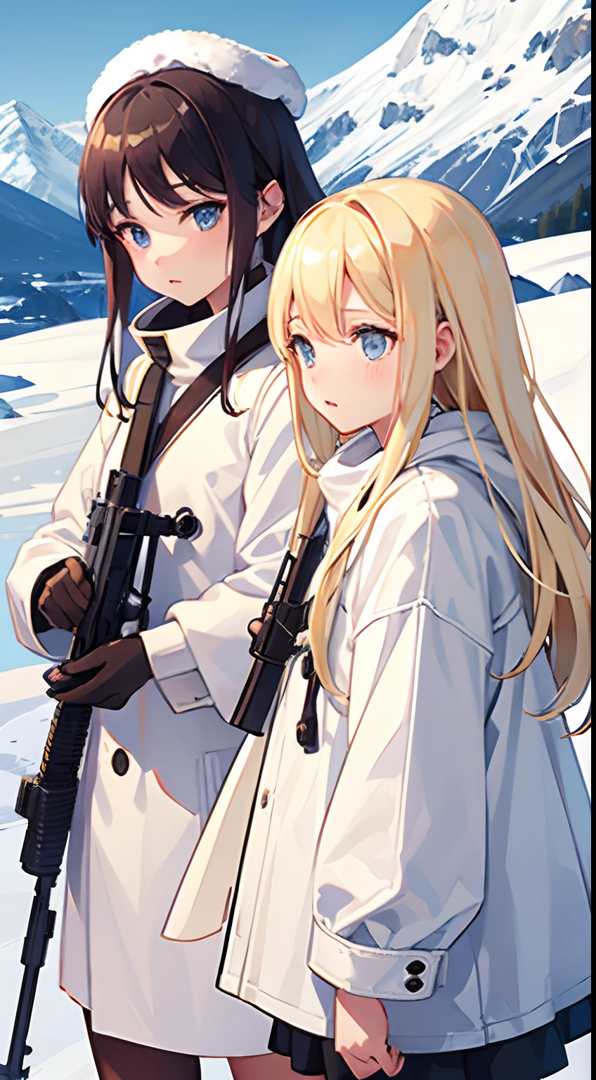 {{2 girls}}, blond, in snow mountain, fjord, white ushanka, White winter coat, white BDU, 1 girl holding rifle, 1 girl holding binoculars, (best quality, perfect quality), high resolution, looking afar, blizzard, {{{detailed rifle}}}