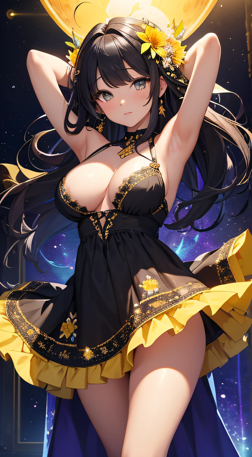 ​masterpiece、Background with（（kosmos、meteors、black hole、Fantastic flower garden emitting light））、About 20 years old、a beauty girl、huge tit、Great embroidery on a yellow mini dress with slits、No Shoulder、Exposing the chest、hair adornments、heavy wind、pantiy、Luminous petals are dancing