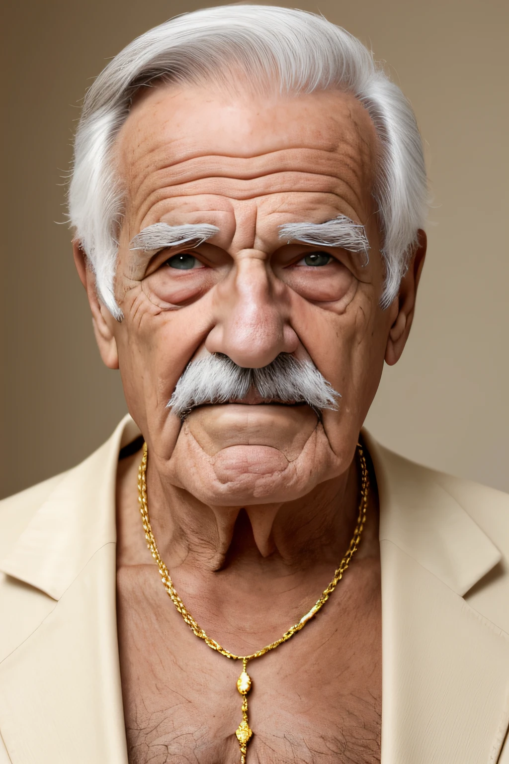 HOmem branco e velho com 90 anos, with gold necklace around the neck. make funny face, humor