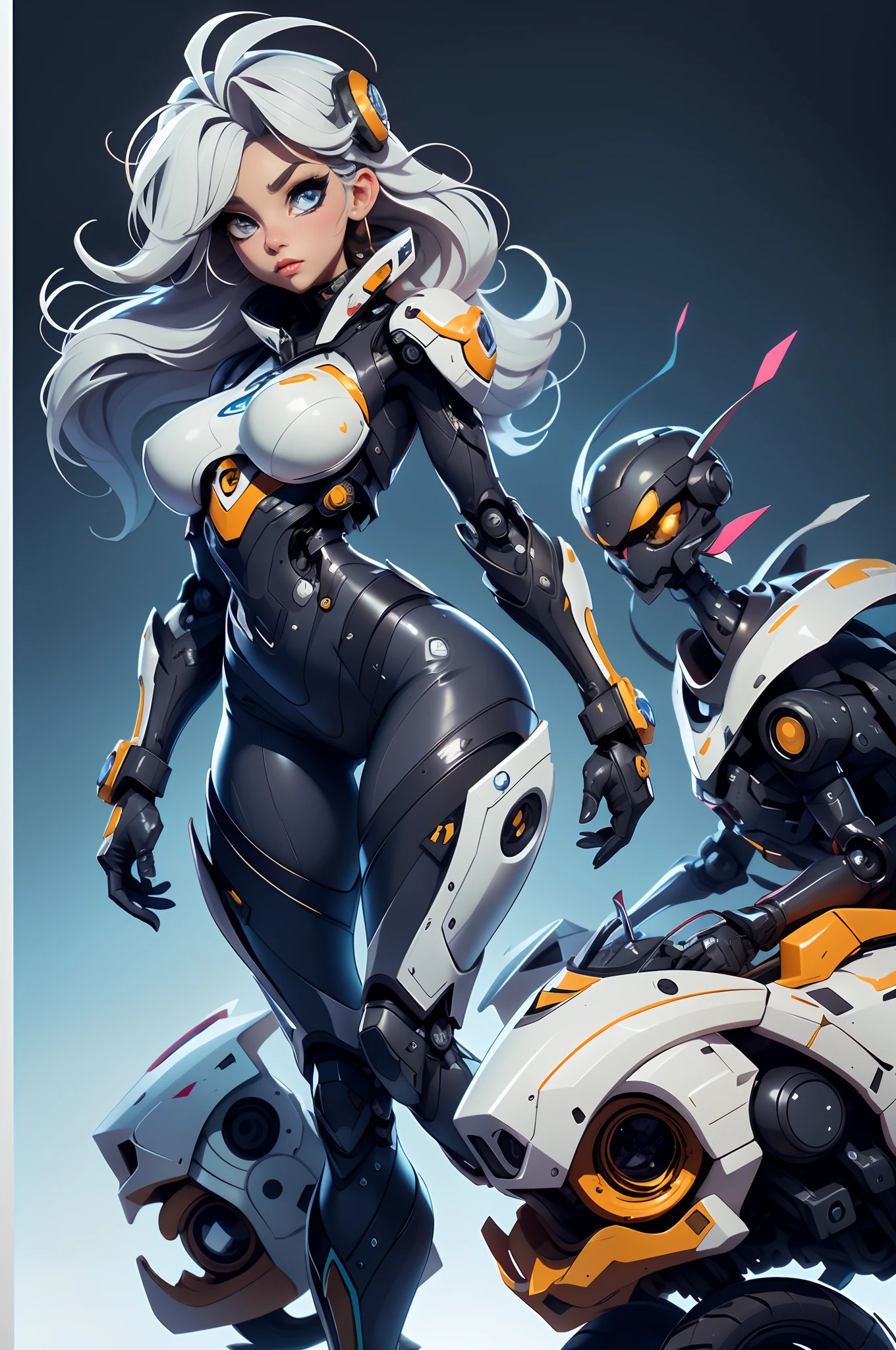 A fantz monster design, Cute robots in space [style-rustmagic]，female robot，Half-human, ，tmasterpiece， （tmasterpiece， top-quality， best qualityer）， 1girl， 独奏， tightsuit， nedium breasts， long whitr hair， white backgrounid， ssmile， simplebackground， mediuml breasts， shelmet， looking at viewert， skin tight， sitted， cparted lips， blue skinsuit， the motorcycle， Black gloves， mitts