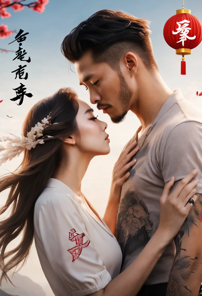 Romantic couple kissing in the wind，filmposter，poster for，charact，Huge eye-catching English text，English text，Close-up of English picture, A badge with white English letters, English title, English text Chinese characters, English word tattoos and decals, English text,  English kanji