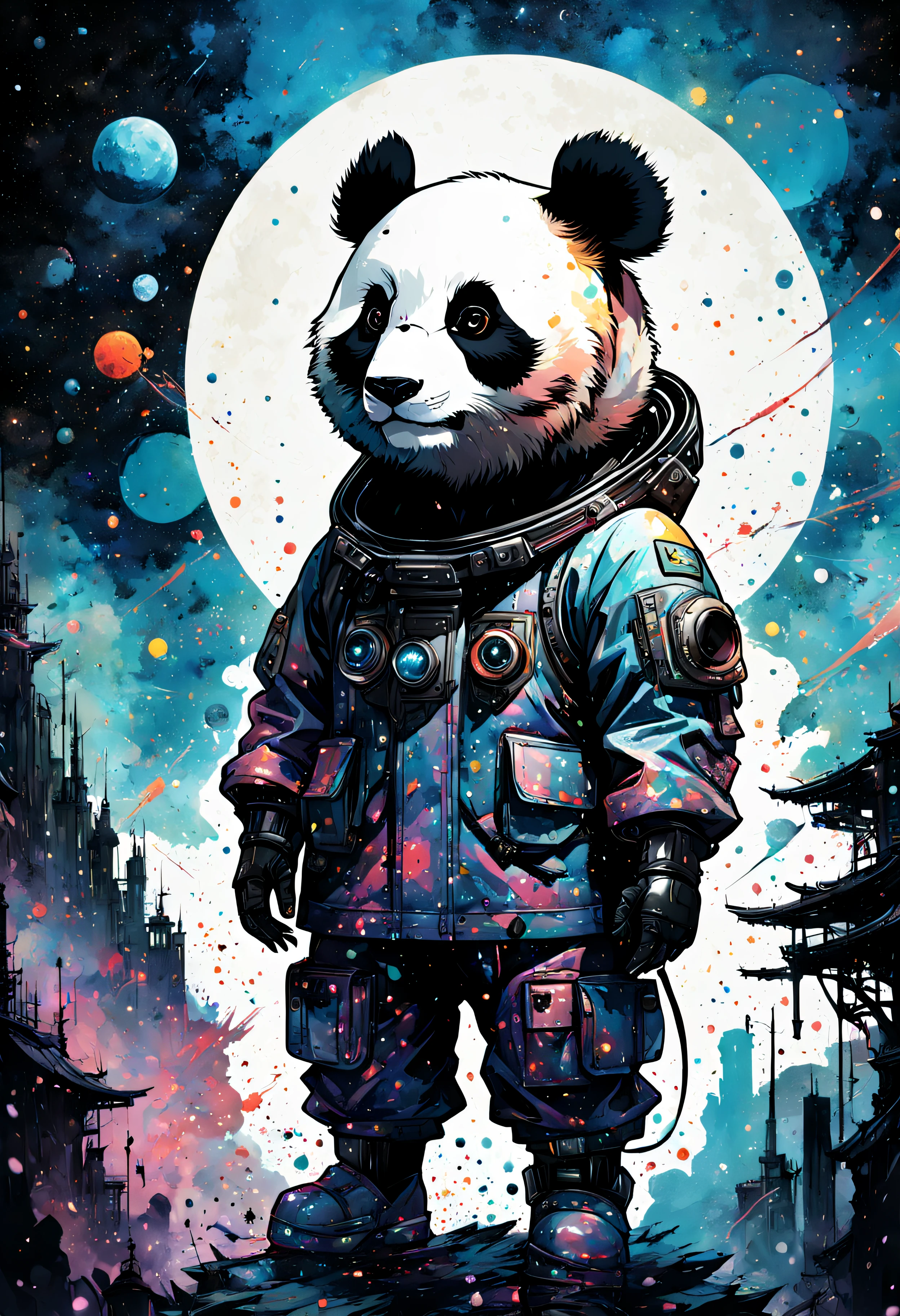 znchn style、Official、​masterpiece、Beautiful fece、highly contrast、(art by:1.4)、A lone panda in contact with aliens、full body Esbian、In outer space、illustratio、Subtle Colour、profile、Subtle Colour、post grunge、concept-art、Paint Splatter、intricate-detail。Highly detailed and detailed eyes、Trending in art stations、Jothan Gonzalez and Rop、James Jean、Victon Gai、David Rabun、Mike Mignola、Lauri Lee、masutepiece、top-quality、