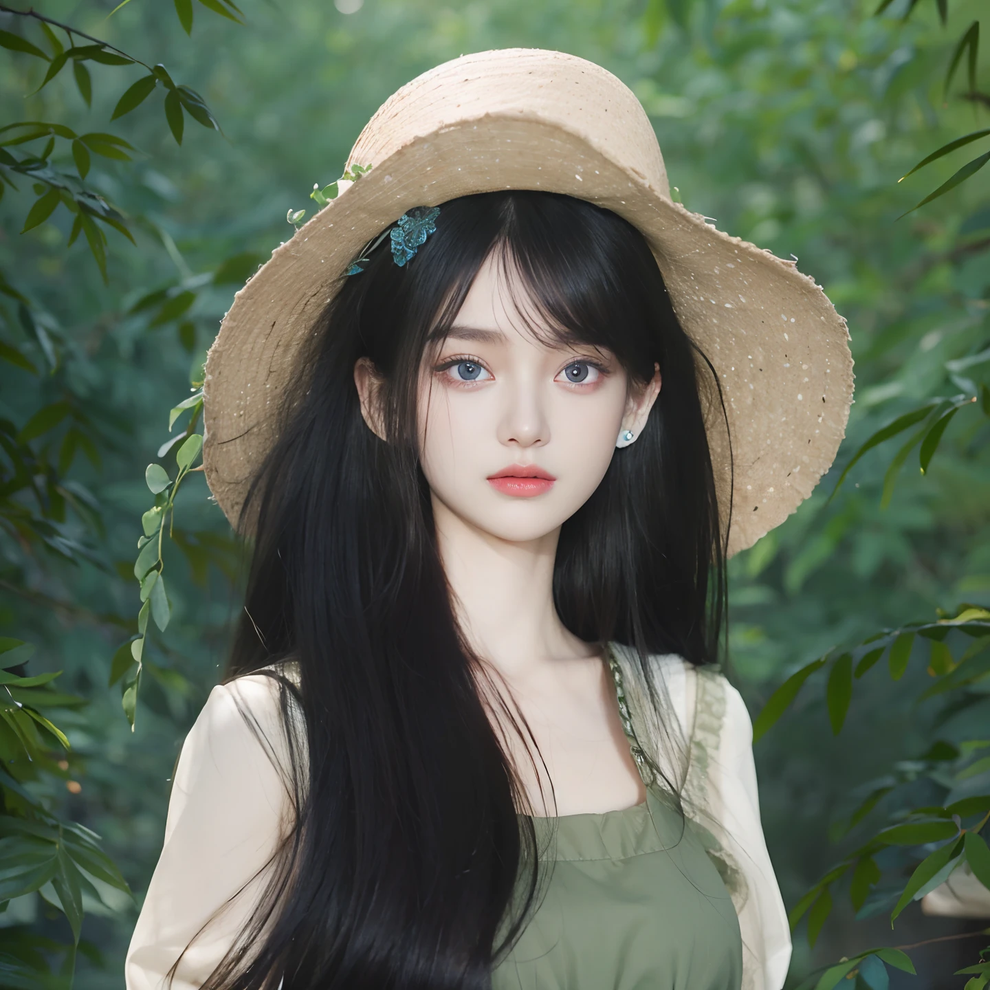 (Masterpiece, Best Quality, Realistic Quality, 1 Girl, 19 Years Old, Long Black Hair, Blue Eyes, Pretty Face, Perfect Face, Pretty Eyelash, In Nature)