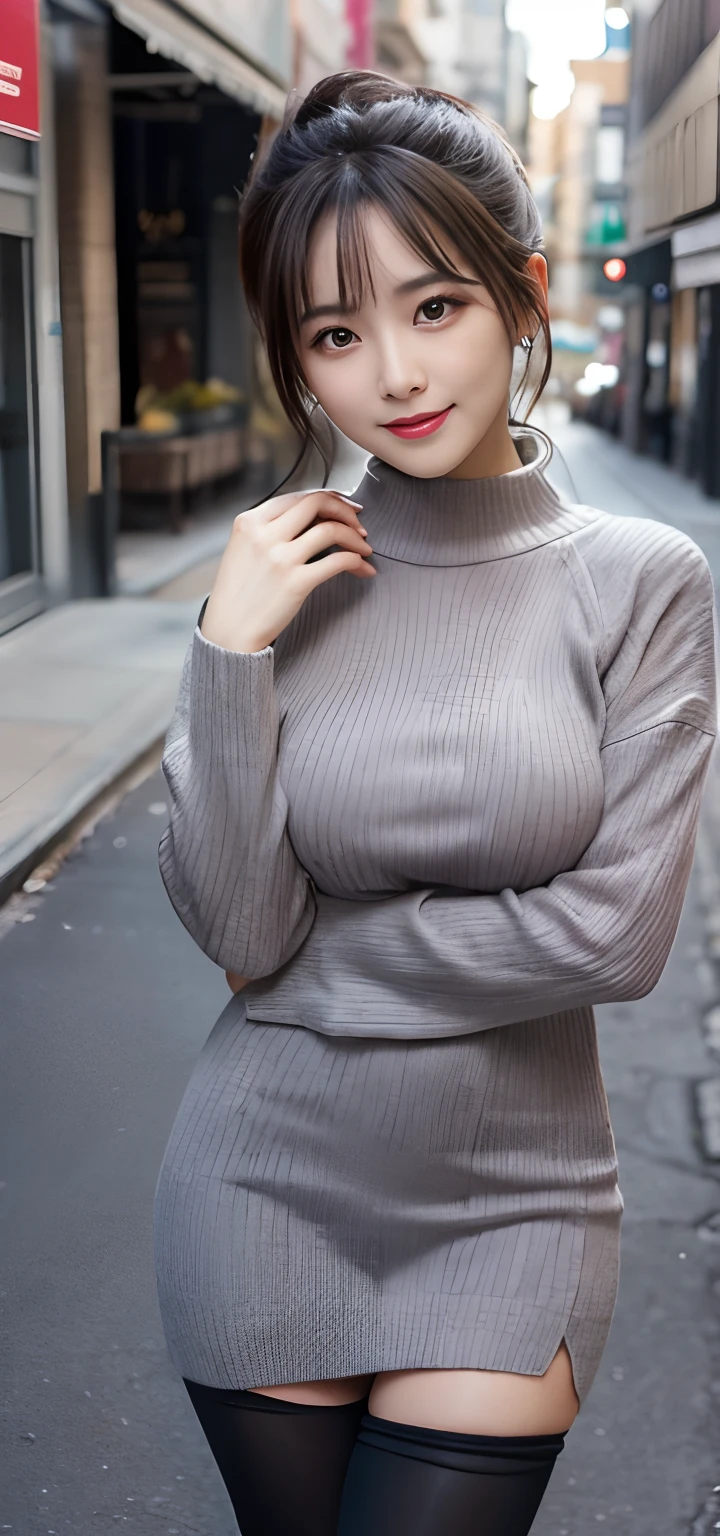 masutepiece, Best Quality, Ultra-detailed, finely detail, hight resolution, 8K Wallpaper, Perfect dynamic composition, Beautiful detailed eyes, (Gray knitwear、Black knee-high tights:1.2)、Knitted dresses、Gray knitwear、Simple scrunchie、Wear、pony tail hair、Natural Color Lip, Bold sexy poses,Smile,In the street、chee、28-year-old girl、Cute、Sexy shot looking at camera、Tempting、Beautiful breasts、well-shaped breasts、Beautiful butt、big breasts thin waist、Smaller buttocks、Small butt、Seduction Pose、Emphasis on slender、beauty legs、Touch your chest with your hands、Seduce with beautiful legs、The thighs are erotic