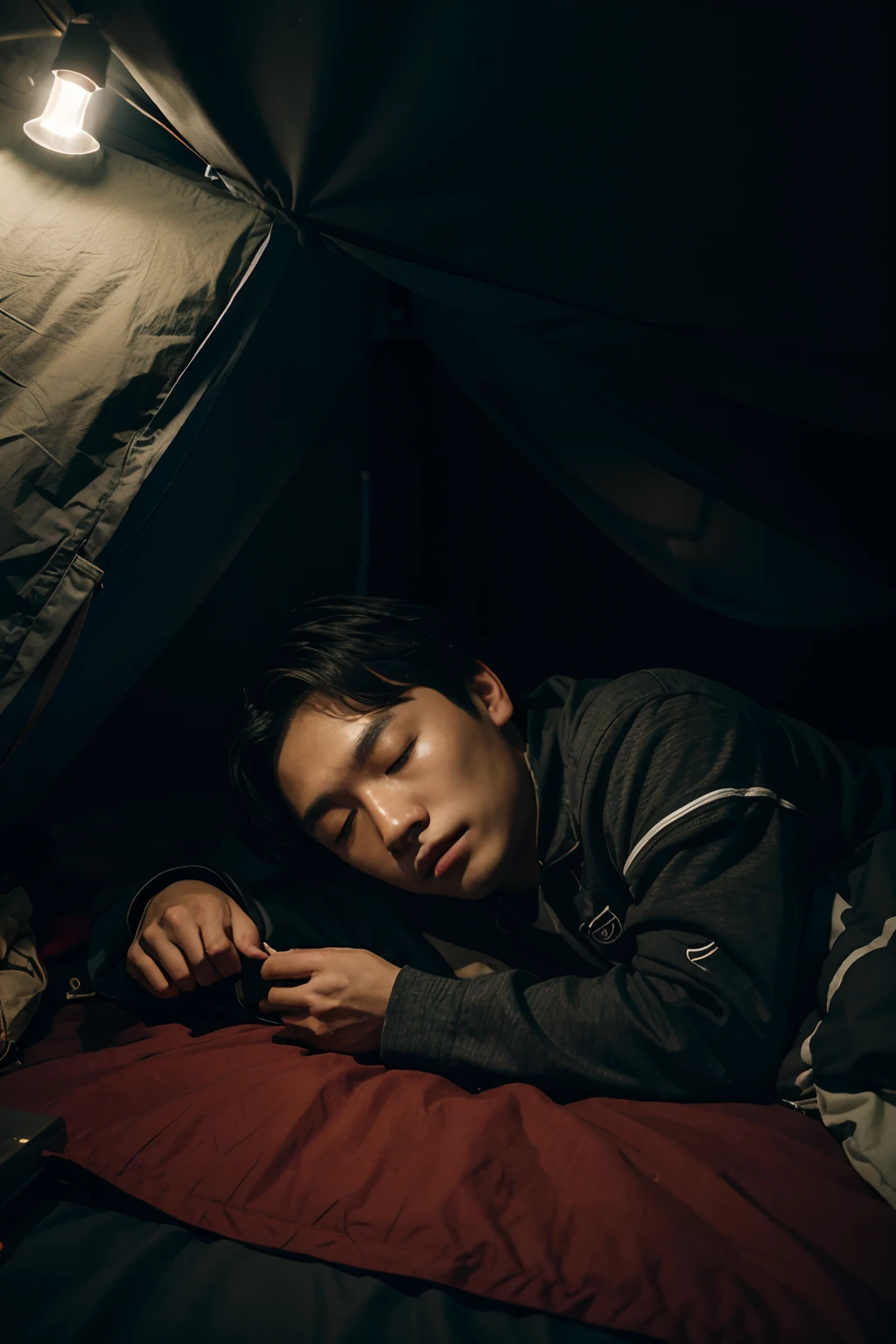 Korean man sleeping inside a tent, dressed in clothes, on a dark night