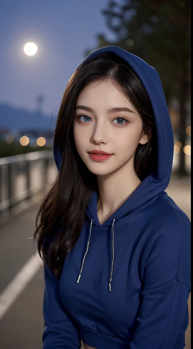 8K, Top quality, Intricate details, Ultra detail, 超高分辨率, Masterpiece, Random angles, Slender, Smile, (Makeup: 0.4), (Fluffy blue eyes: 1.21), Blue eyes, view the viewer, ((full bodyesbian)), 1girll, Solo, 1 girl, (( full bodyesbian)), Close-up Shot Shot, , ((Tall)), (((fit body))), (((Slim face))), sharpy face, Sharp eyes, (((Black hair, Long hair, )) , (Detailed face), sharpy face, Small lips, The wind blows hair,
(( )), ((Hoodie )), Detailed face, detailed breast, , Large of breast, Detail butt, , Beautiful girl with accentuated slender abs: 1.4, sixpack abs: 1.4, Bust Botox, , Perfect body, Detail legs, (( Moonlight)), hilltop